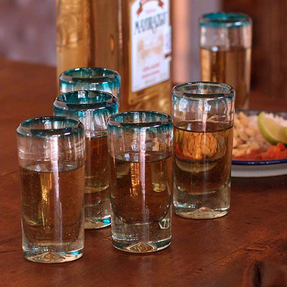 Aquamarine Hand Blown Mexican Tequila Shot Glasses Clear Set Of 6