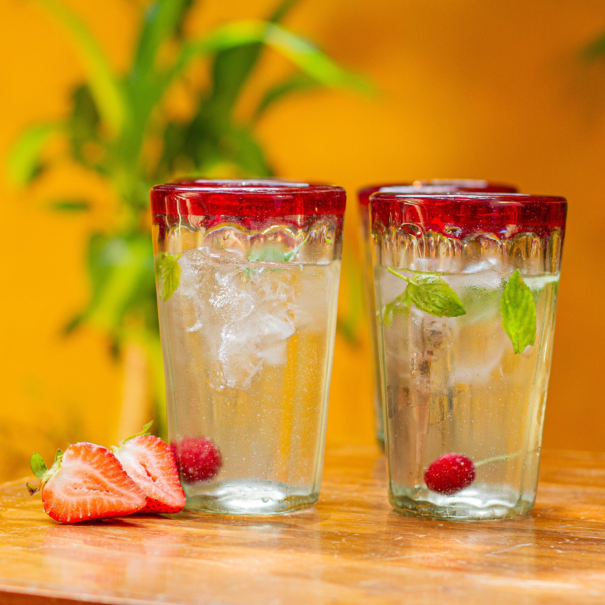 Ruby Groove 6 Collectible Mexican Recycled Red And Clear Glasses