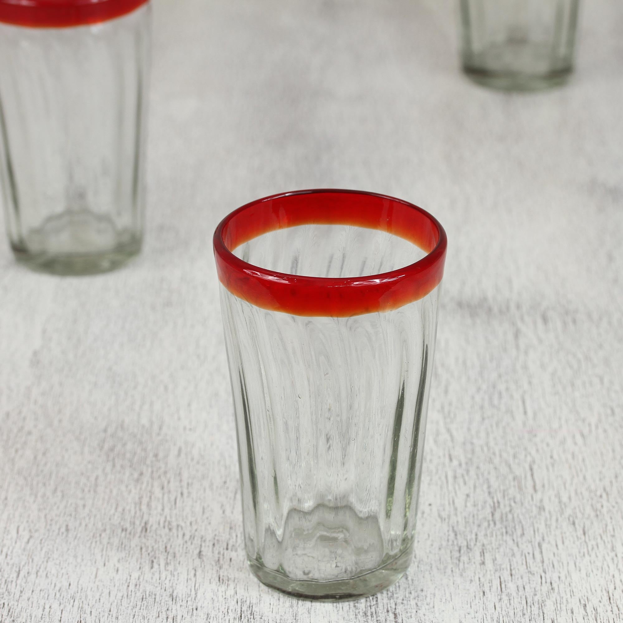 Ruby Groove 6 Collectible Mexican Recycled Red And Clear Glasses