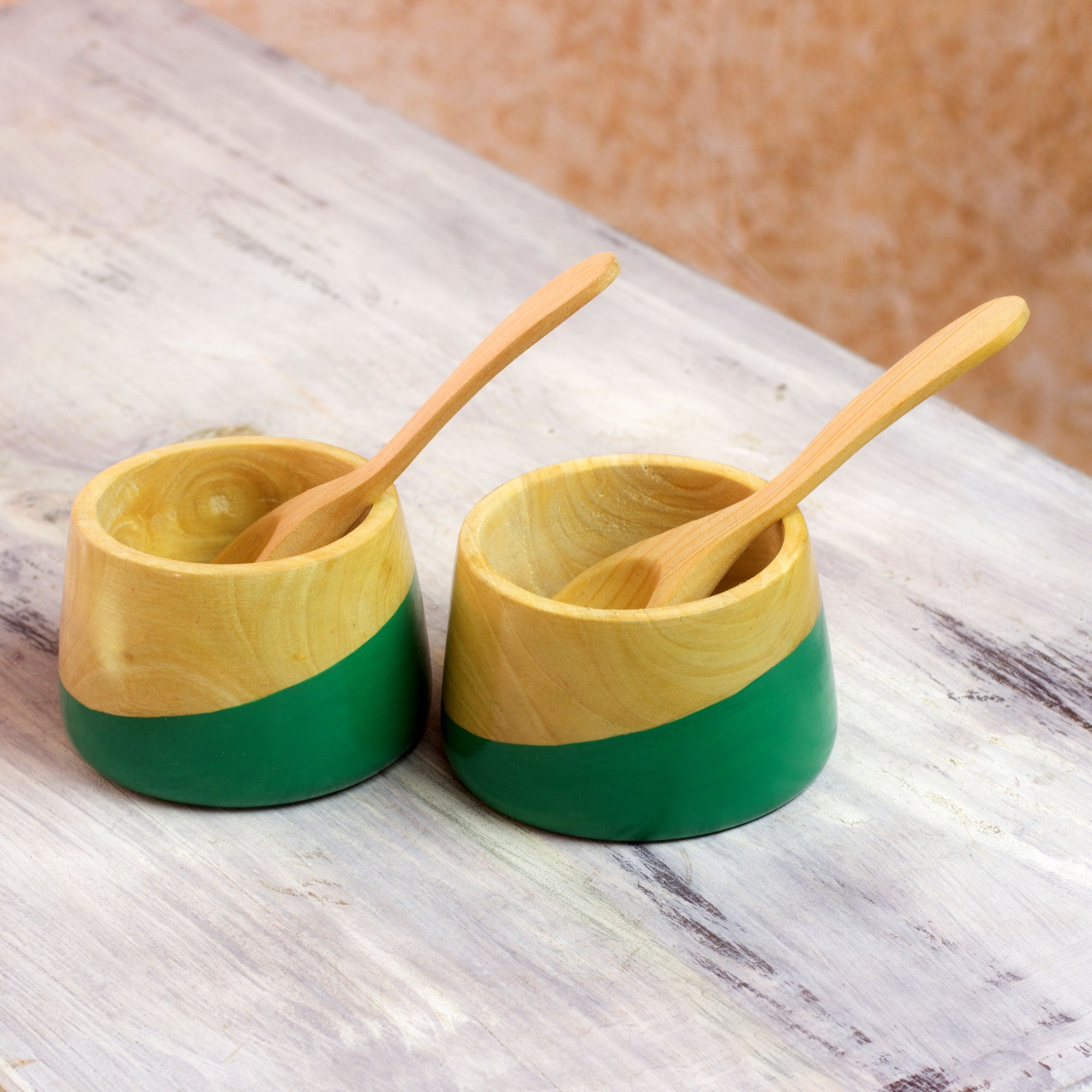 Spicy Green Salsa Bowls And Spoons Hand Crafted (pair)