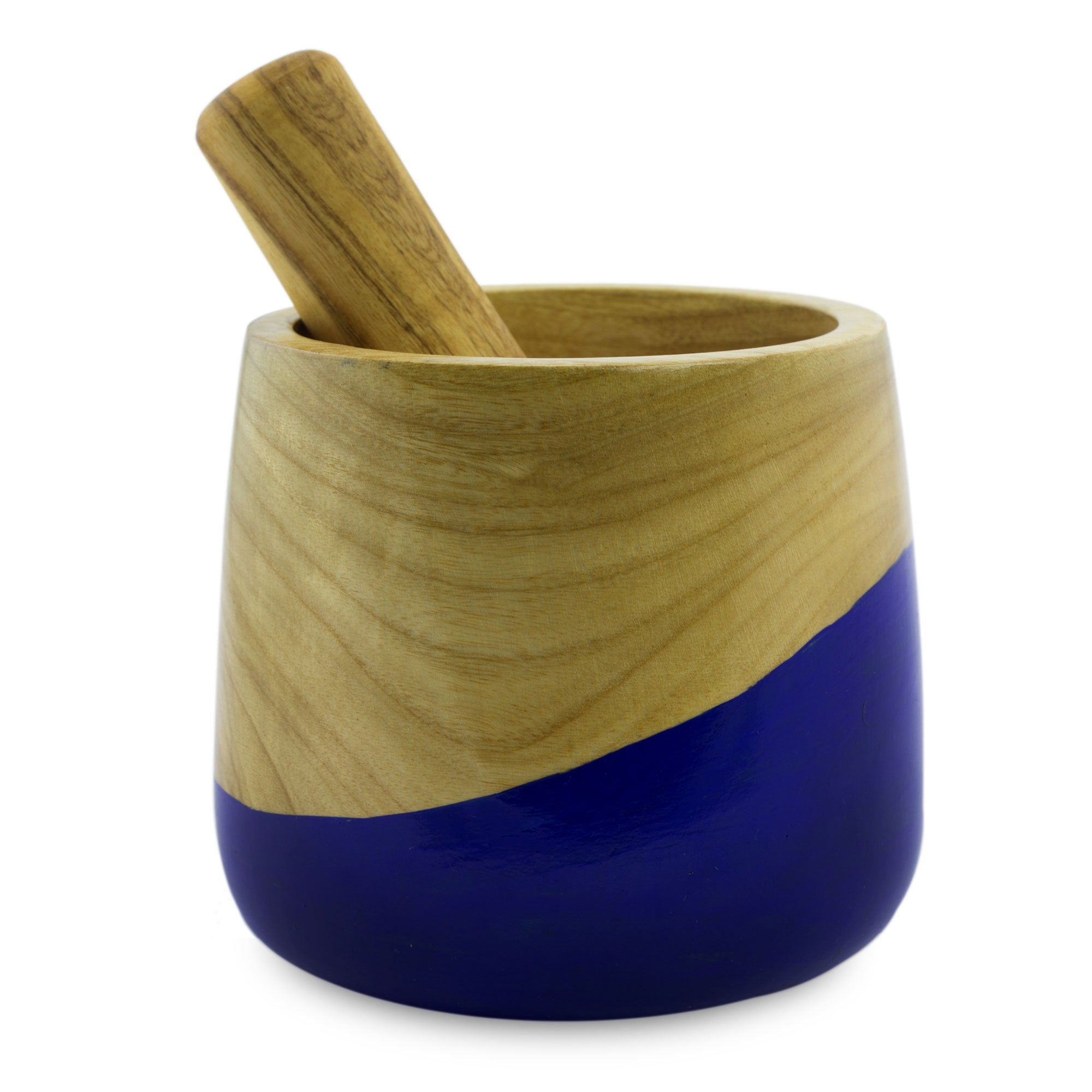 Spicy Blue Dip Painted Hand Carved Wood Mortar
