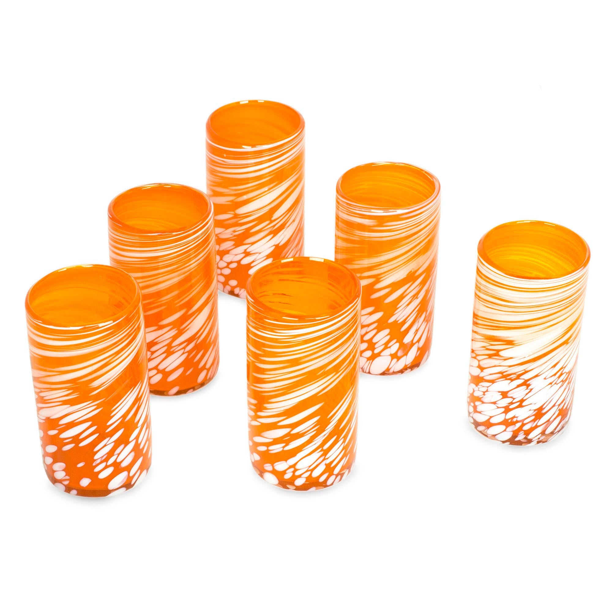 Festive Orange Set Of 6 Orange Artisan Crafted Hand Blown Glasses