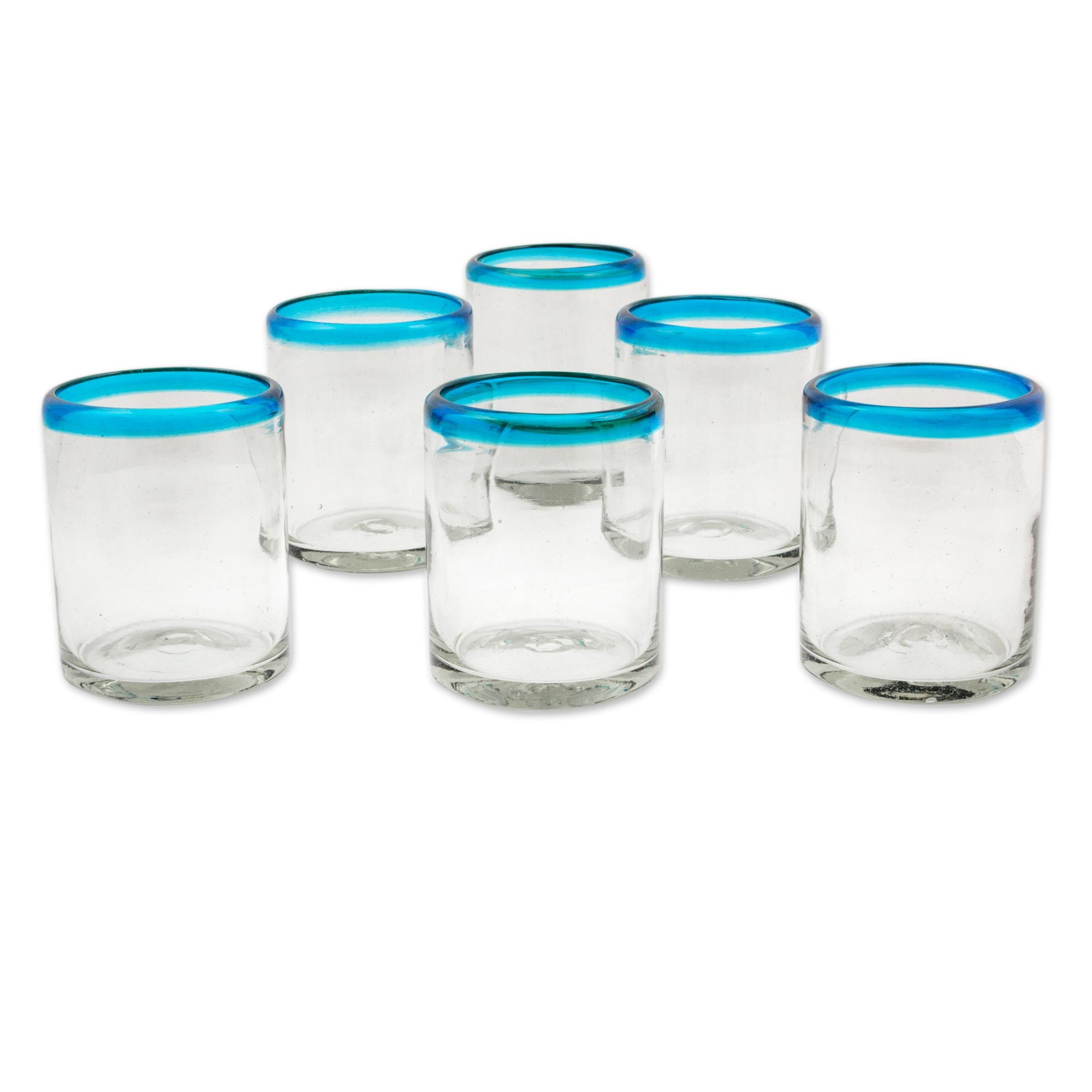 Aquamarine Kiss Set Of 6 Clear With Aqua Rim Hand Blown 8 Oz Juice Glasses