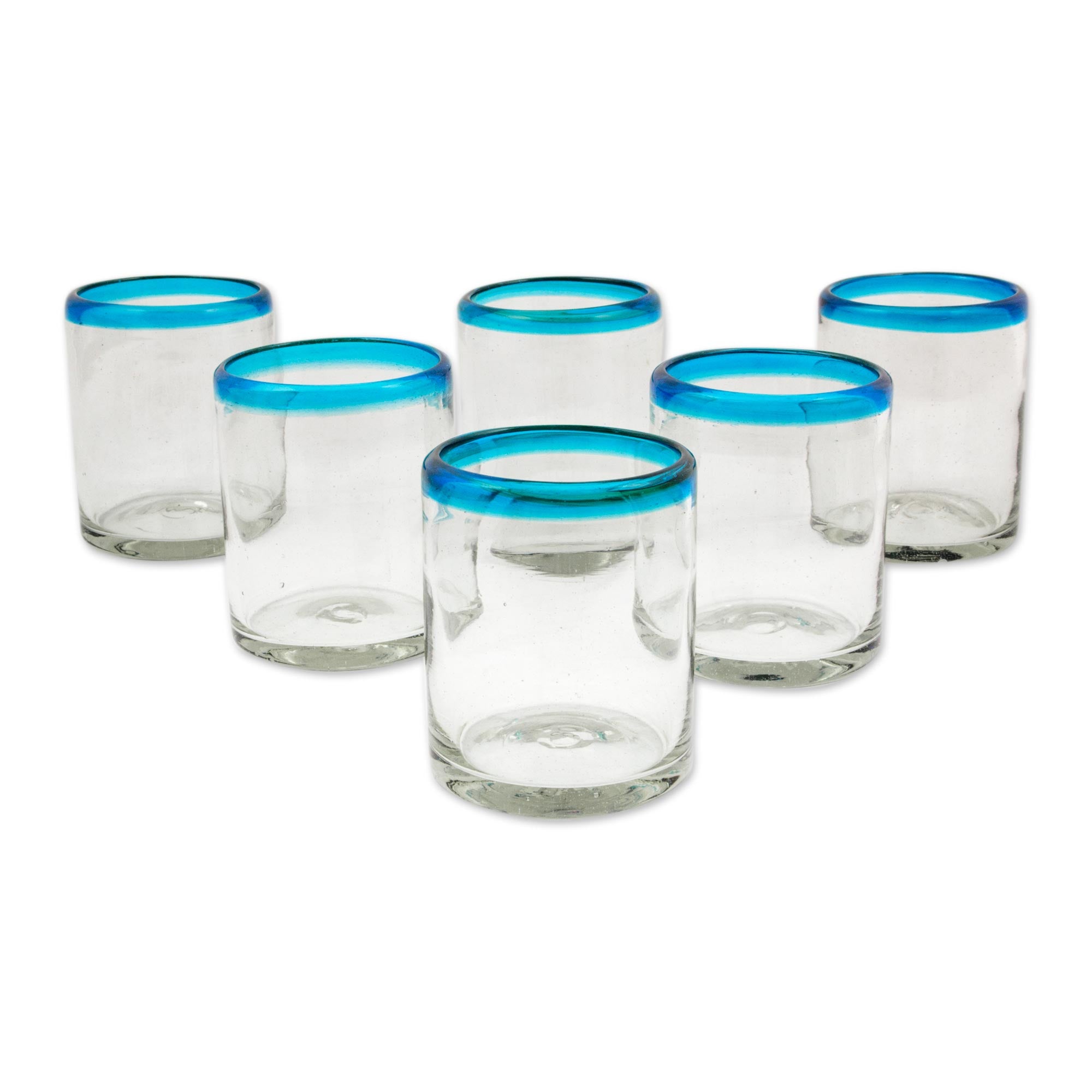 Aquamarine Kiss Set Of 6 Clear With Aqua Rim Hand Blown 8 Oz Juice Glasses