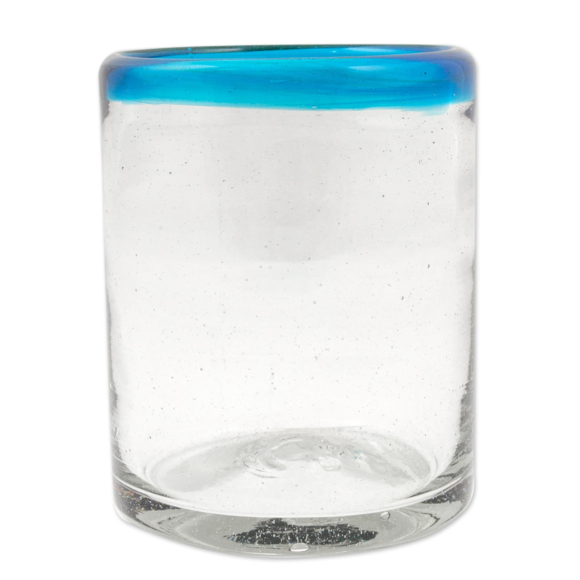 Aquamarine Kiss Set Of 6 Clear With Aqua Rim Hand Blown 8 Oz Juice Glasses