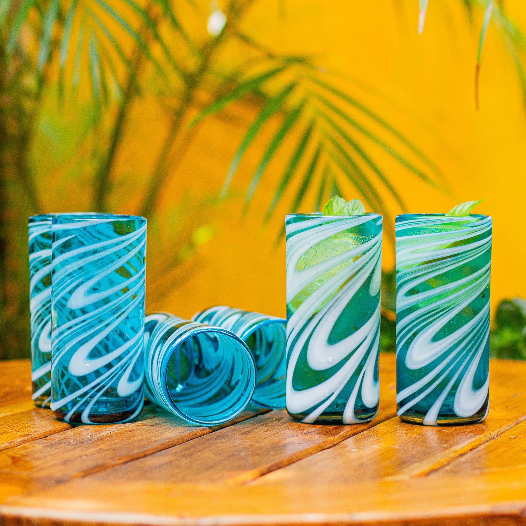 Whirling Aquamarine 6 Hand Blown 13 Oz Aqua-White Highball Glasses From Mexico