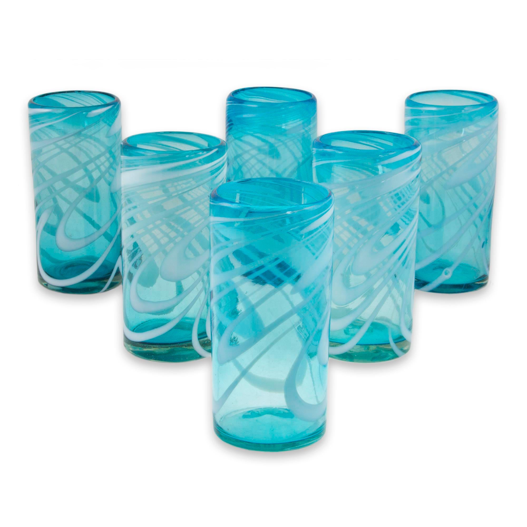 Whirling Aquamarine 6 Hand Blown 13 Oz Aqua-White Highball Glasses From Mexico