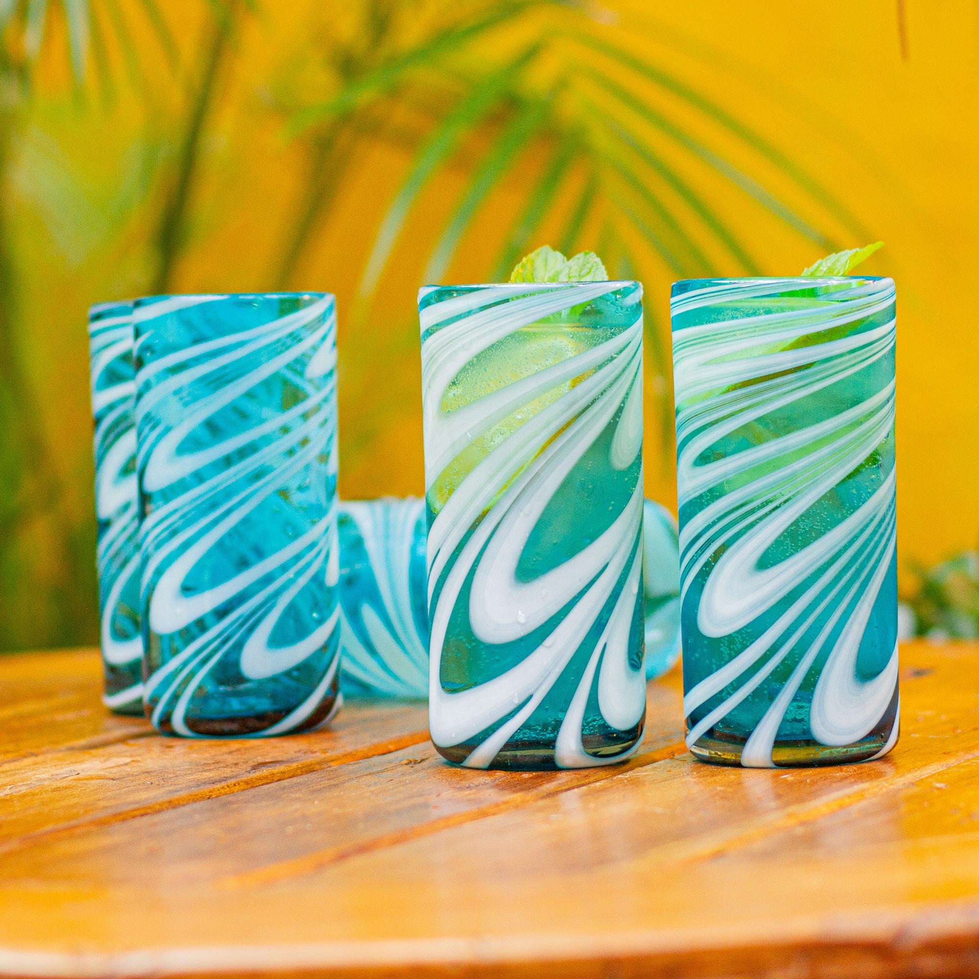 Whirling Aquamarine 6 Hand Blown 13 Oz Aqua-White Highball Glasses From Mexico