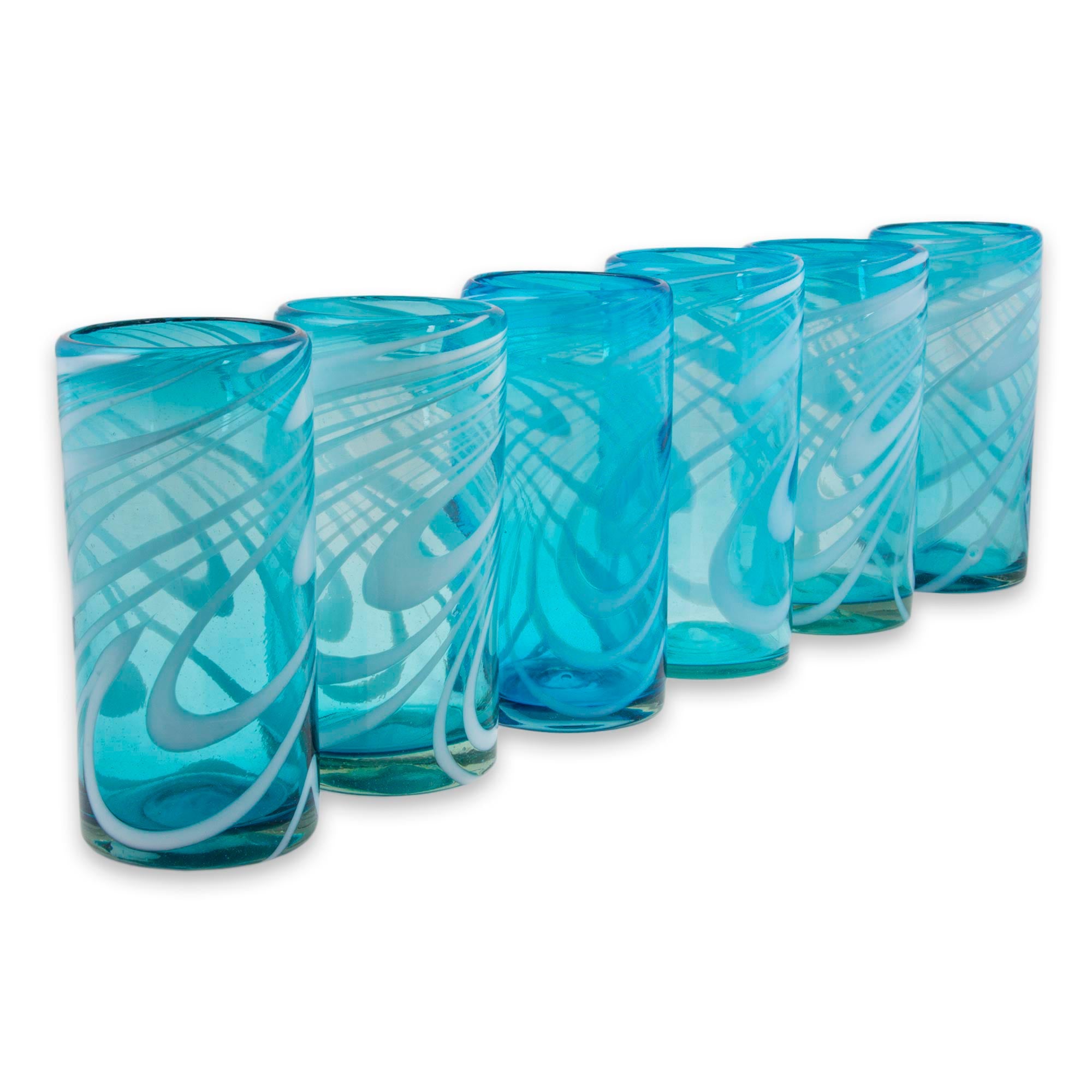 Whirling Aquamarine 6 Hand Blown 13 Oz Aqua-White Highball Glasses From Mexico