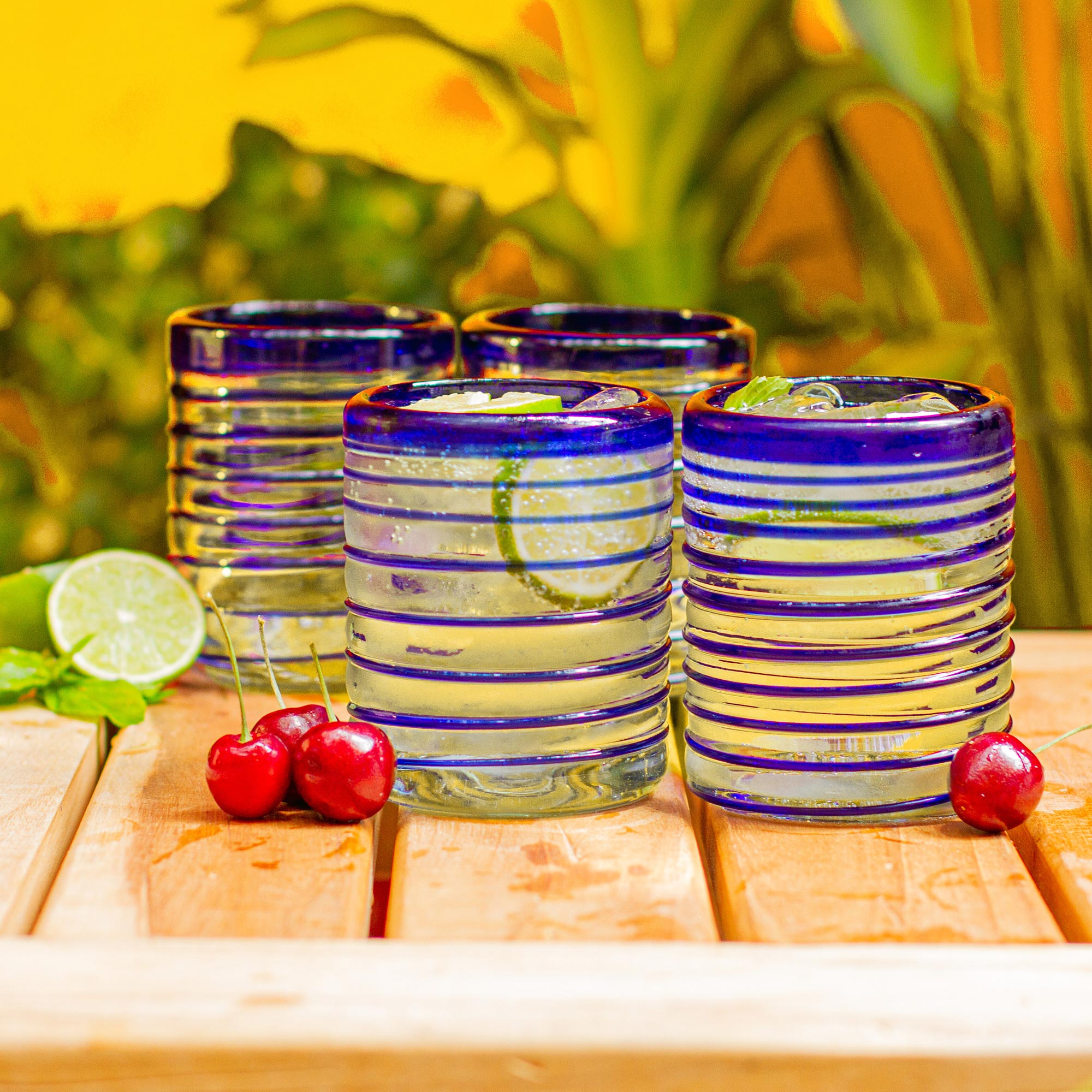 Cobalt Spiral Set Of Six Hand Blown Recycled Rocks Glasses