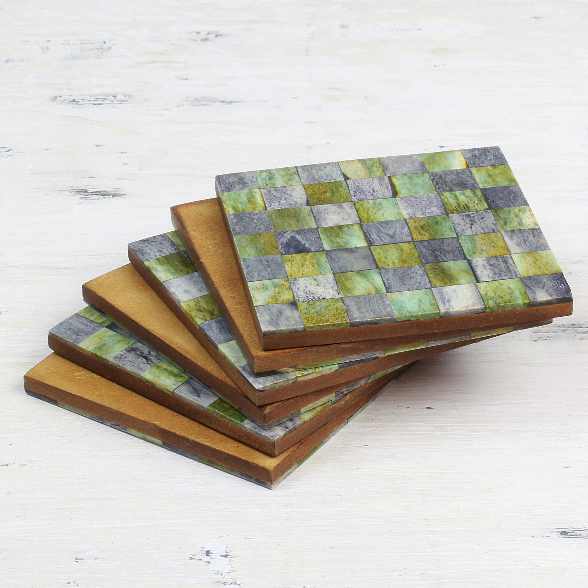 Earthy Checkers Six Green And Grey Checkerboard Bone Coasters From India
