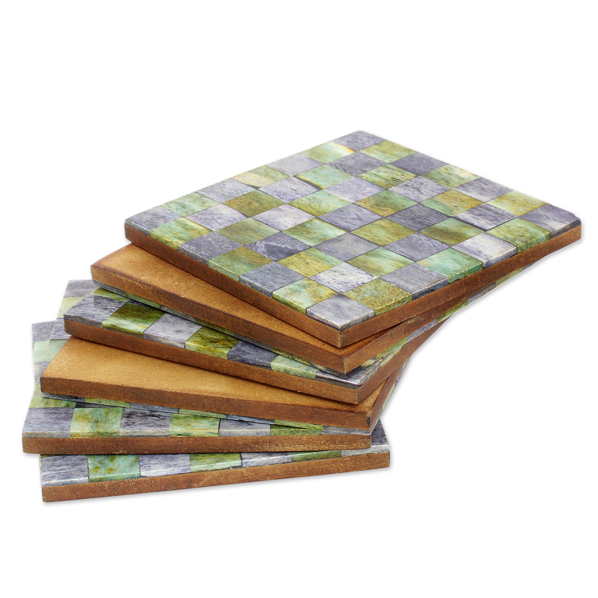 Earthy Checkers Six Green And Grey Checkerboard Bone Coasters From India