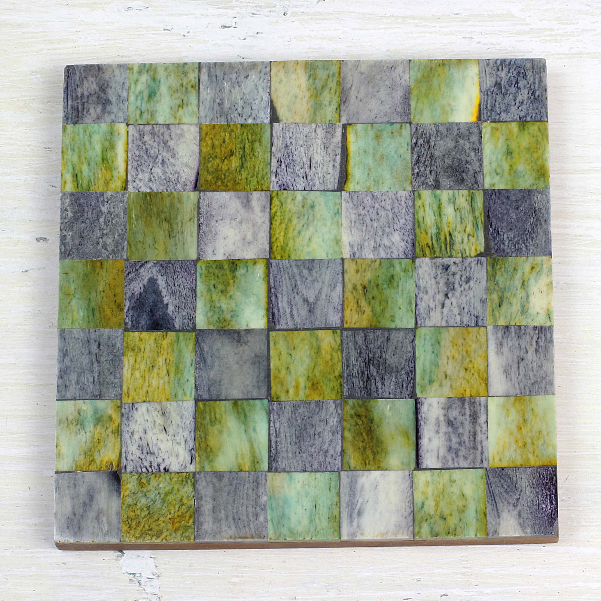 Earthy Checkers Six Green And Grey Checkerboard Bone Coasters From India