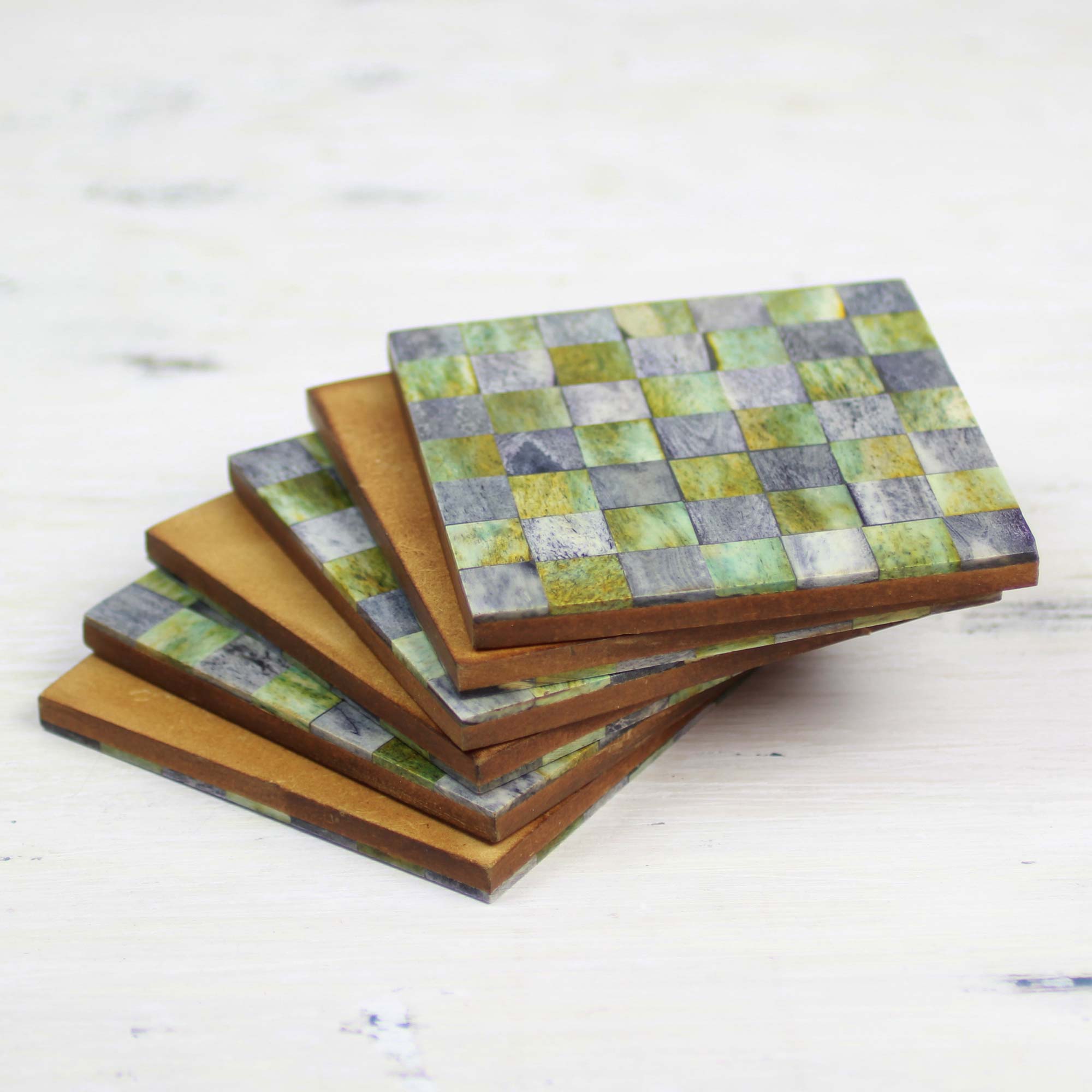 Earthy Checkers Six Green And Grey Checkerboard Bone Coasters From India