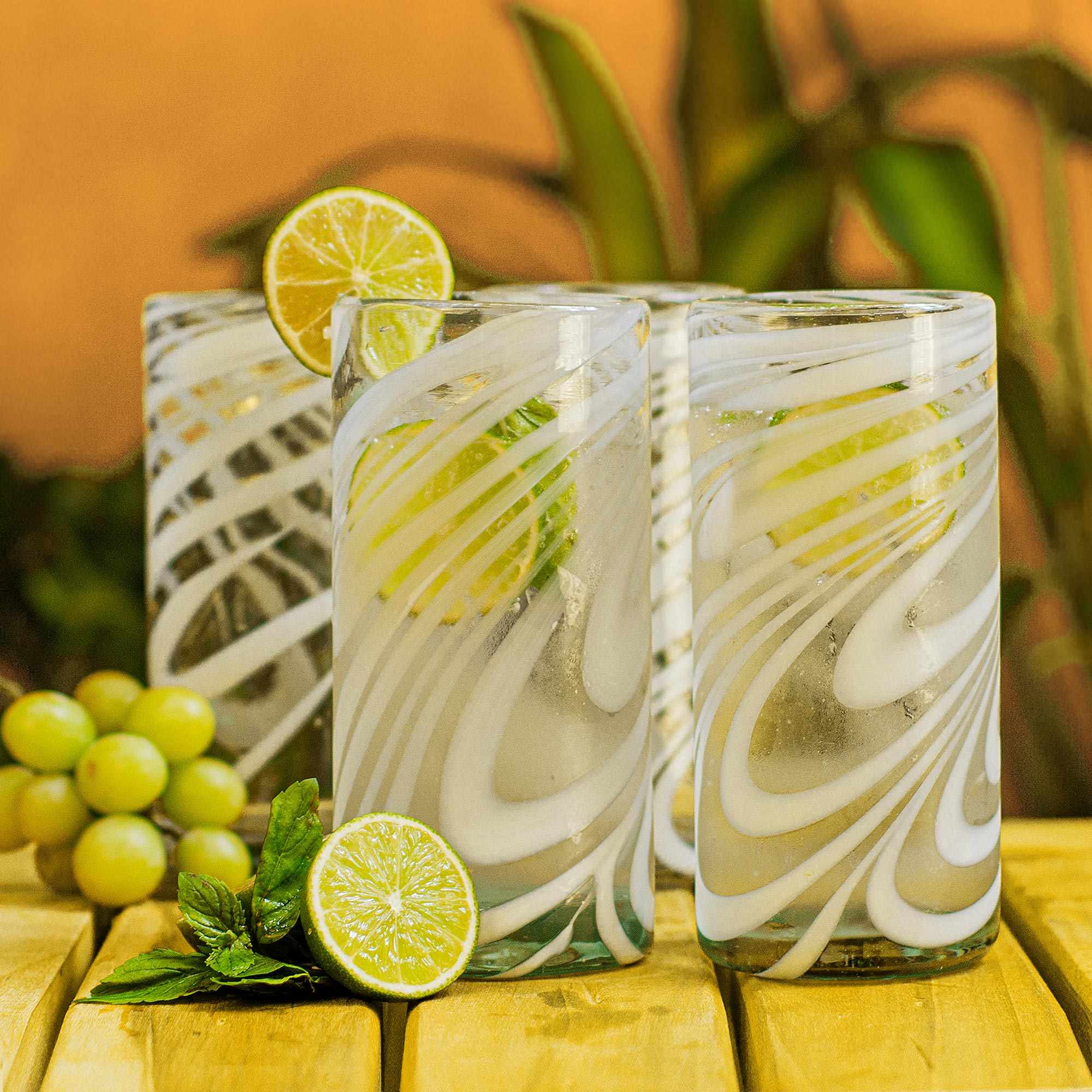 Whirling White Set Of 6 Blown Recycled White Highball Glasses From Mexico