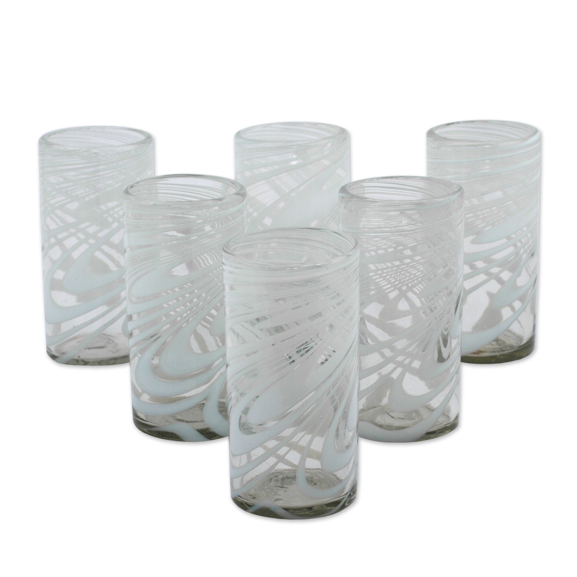 Whirling White Set Of 6 Blown Recycled White Highball Glasses From Mexico
