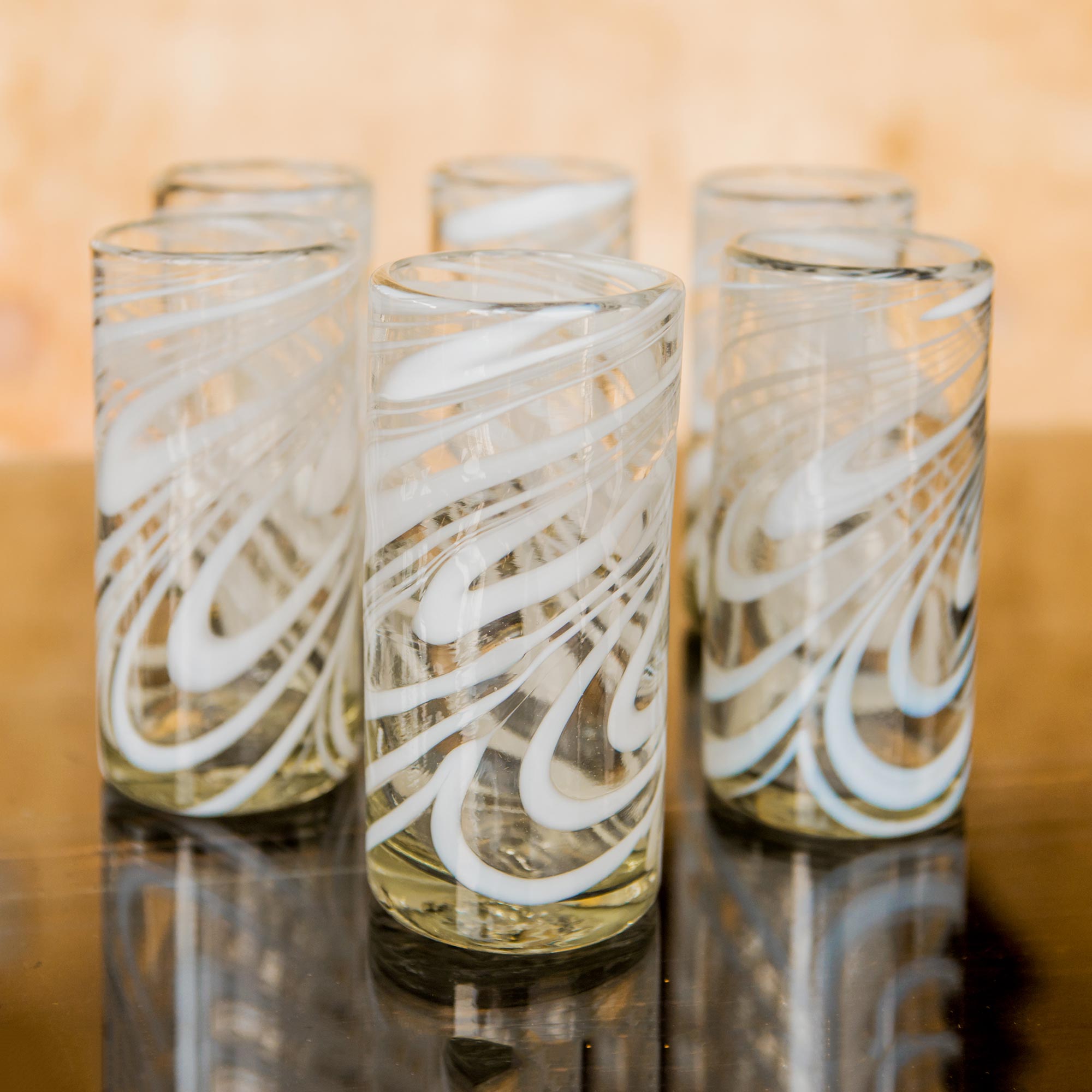 Whirling White Set Of 6 Blown Recycled White Highball Glasses From Mexico