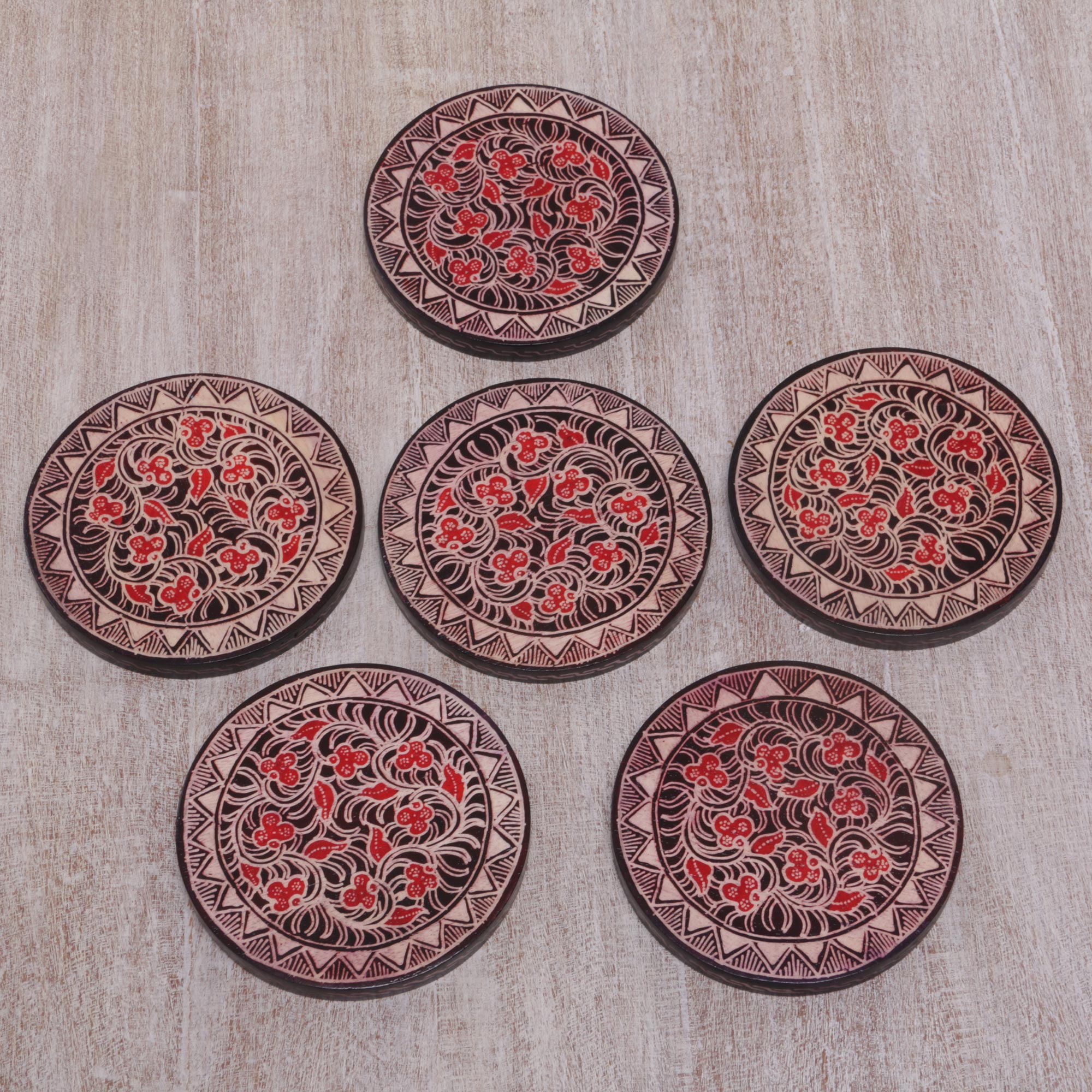 Phoenix Flowers Hand Stamped Wood Batik Coasters From Java (Set Of 6)
