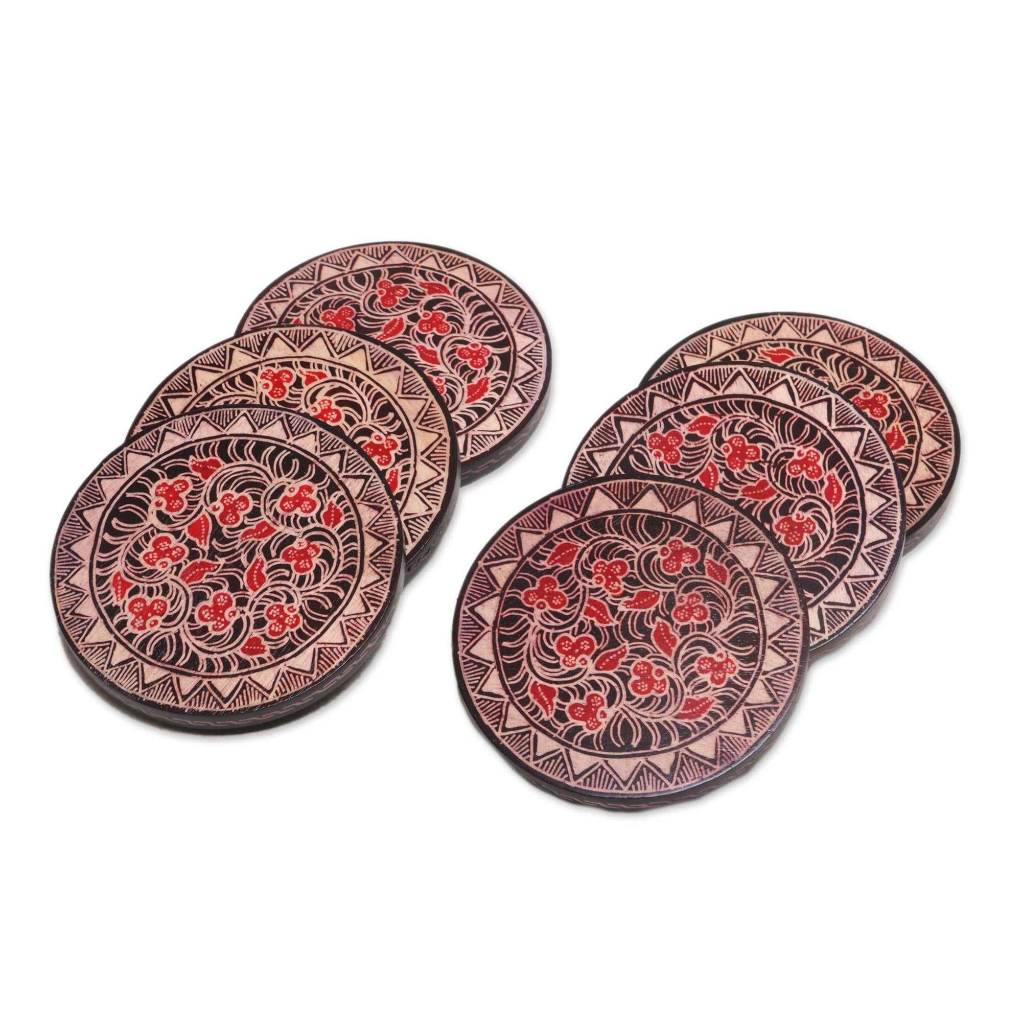 Phoenix Flowers Hand Stamped Wood Batik Coasters From Java (Set Of 6)