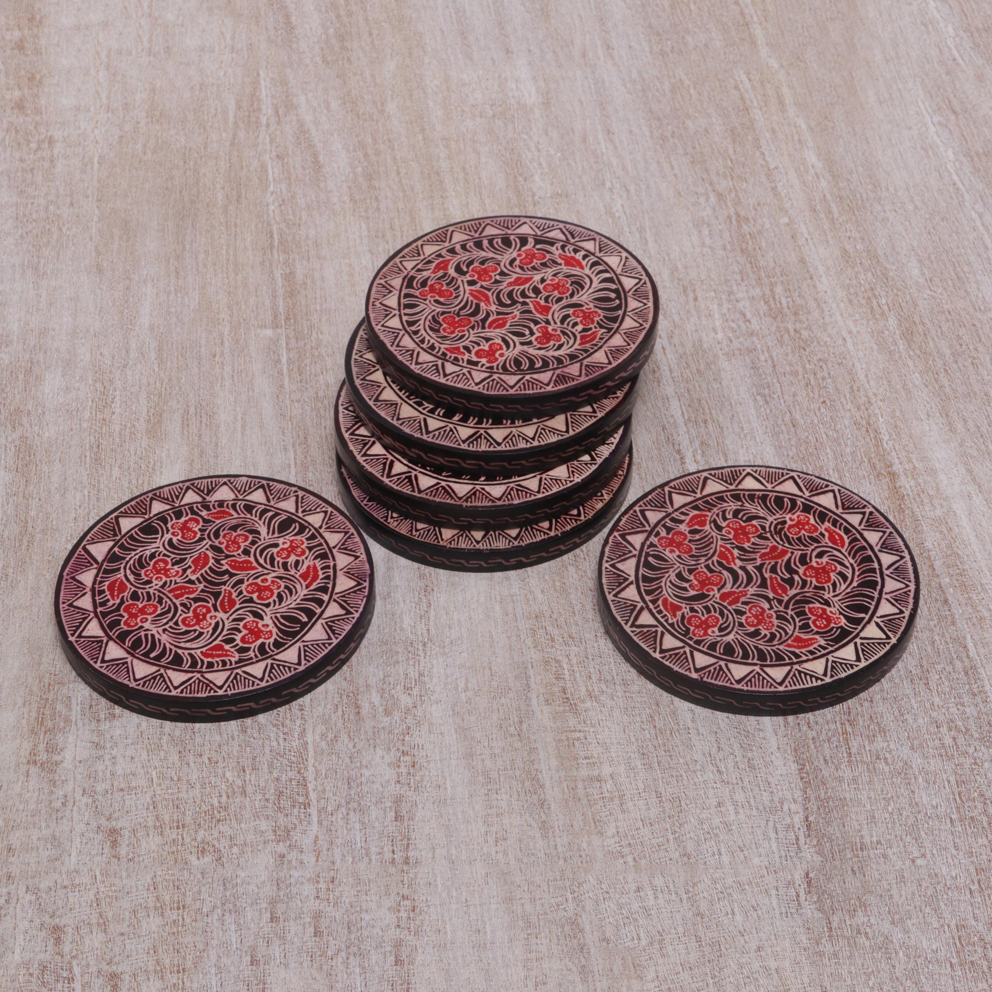 Phoenix Flowers Hand Stamped Wood Batik Coasters From Java (Set Of 6)