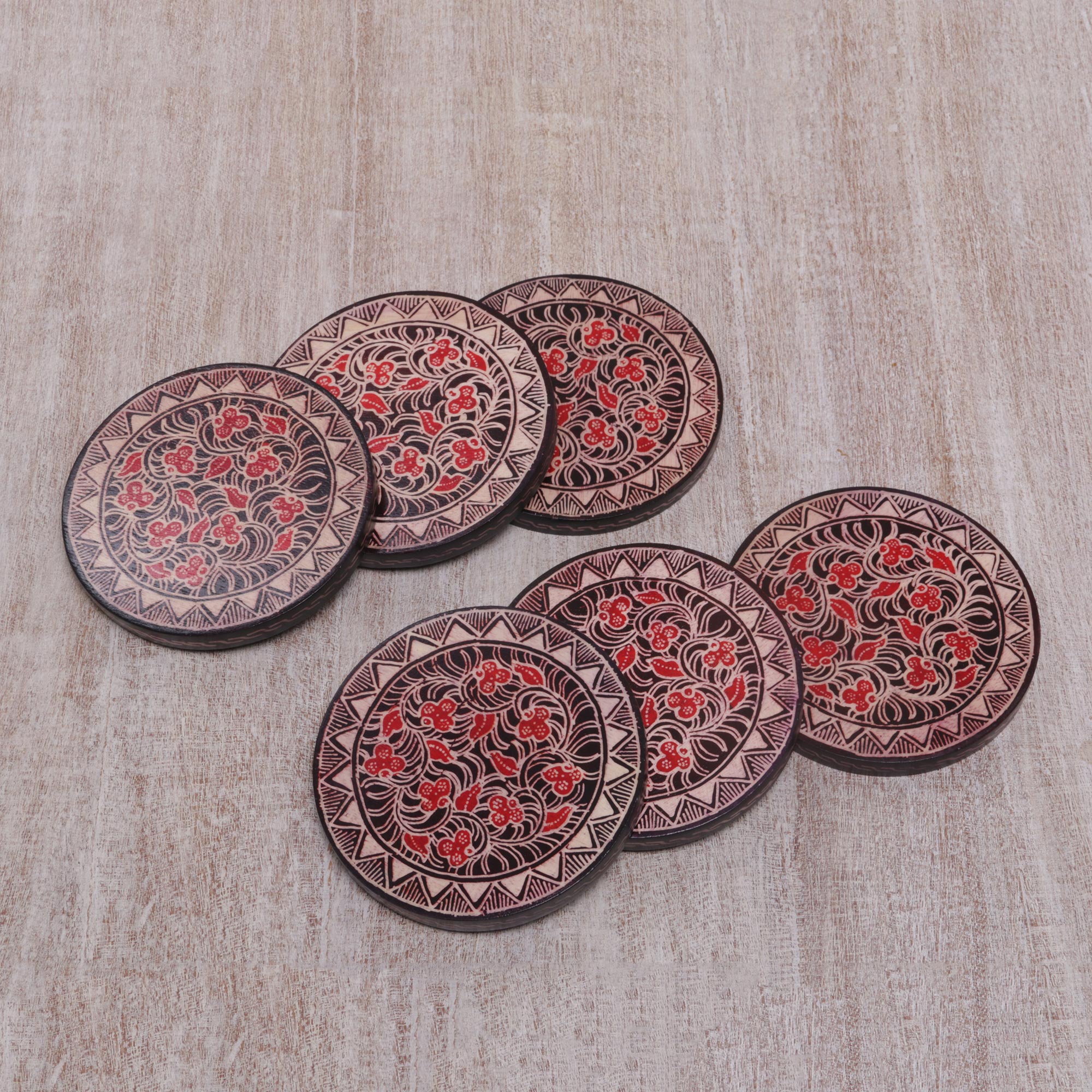 Phoenix Flowers Hand Stamped Wood Batik Coasters From Java (Set Of 6)