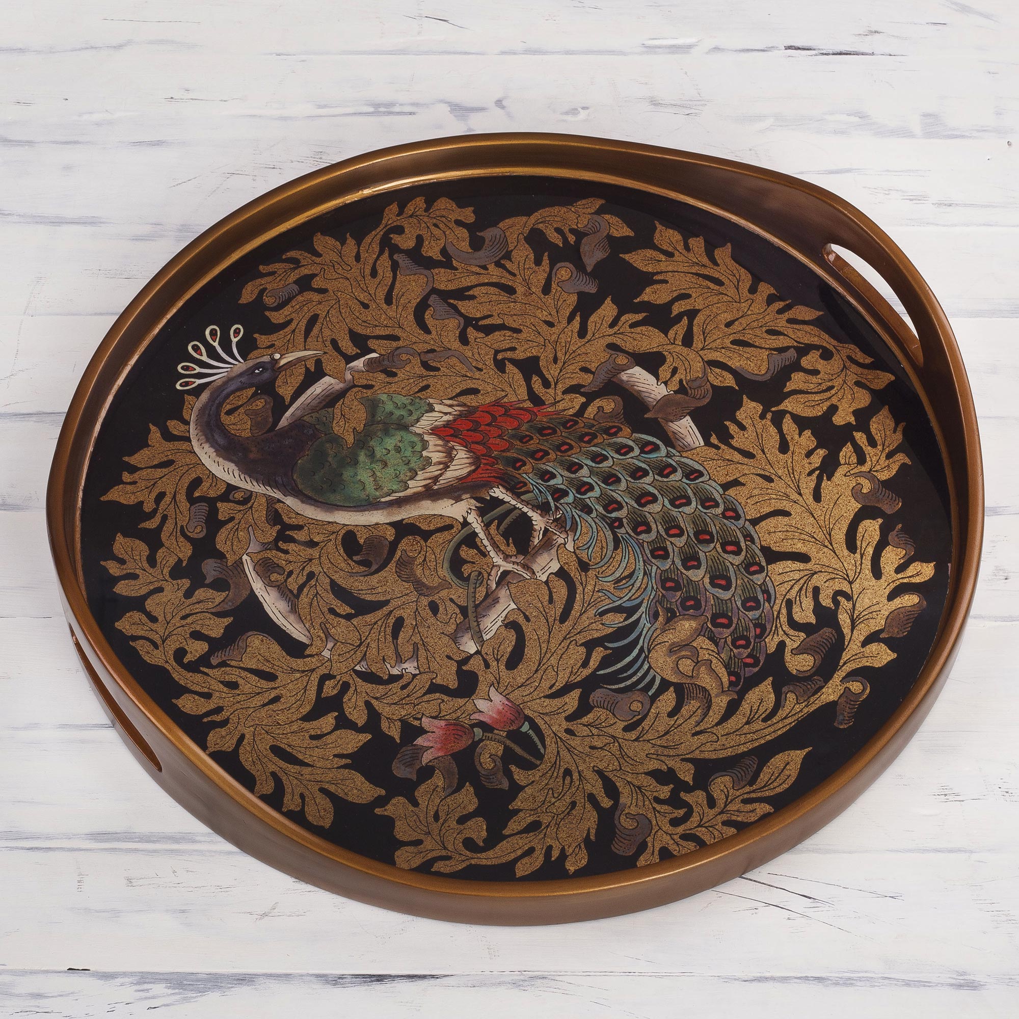 Mystic Peacock Reverse-Painted Glass Peacock Tray From Peru
