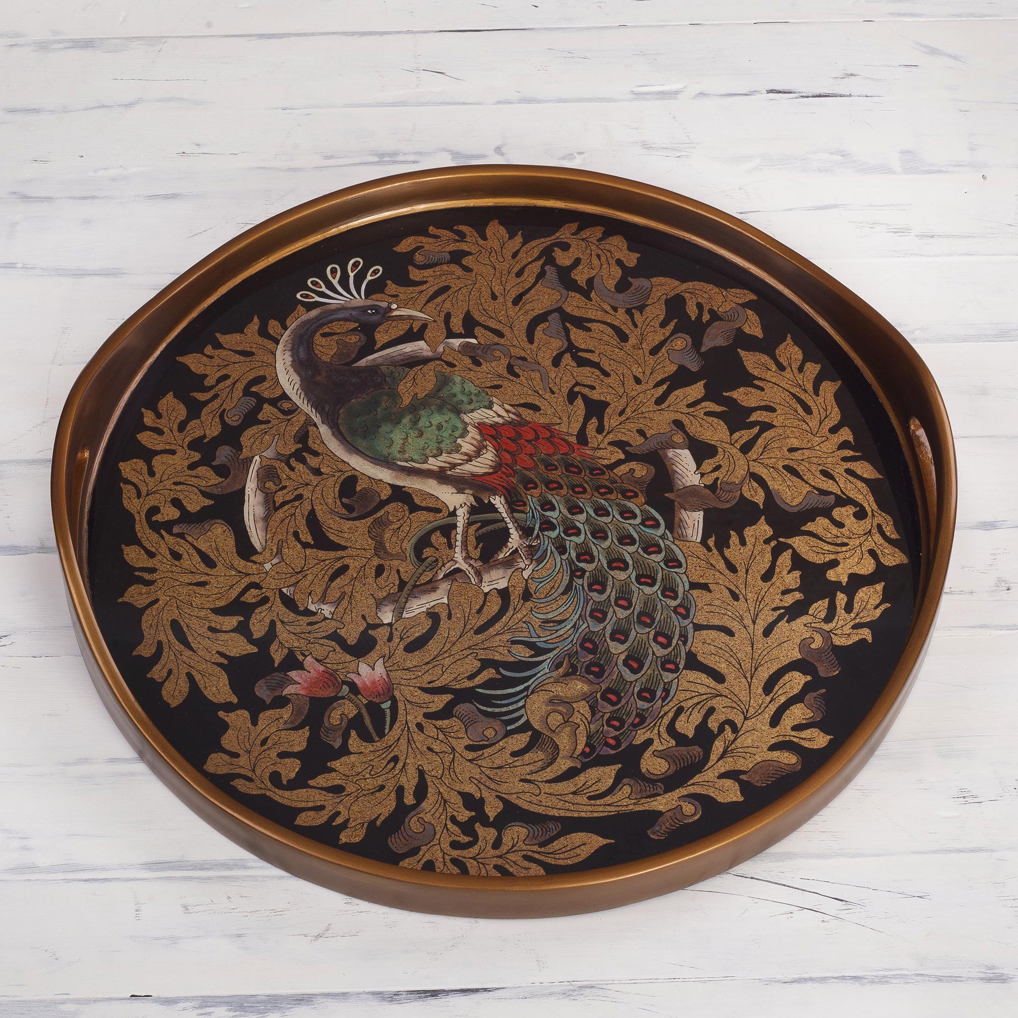 Mystic Peacock Reverse-Painted Glass Peacock Tray From Peru