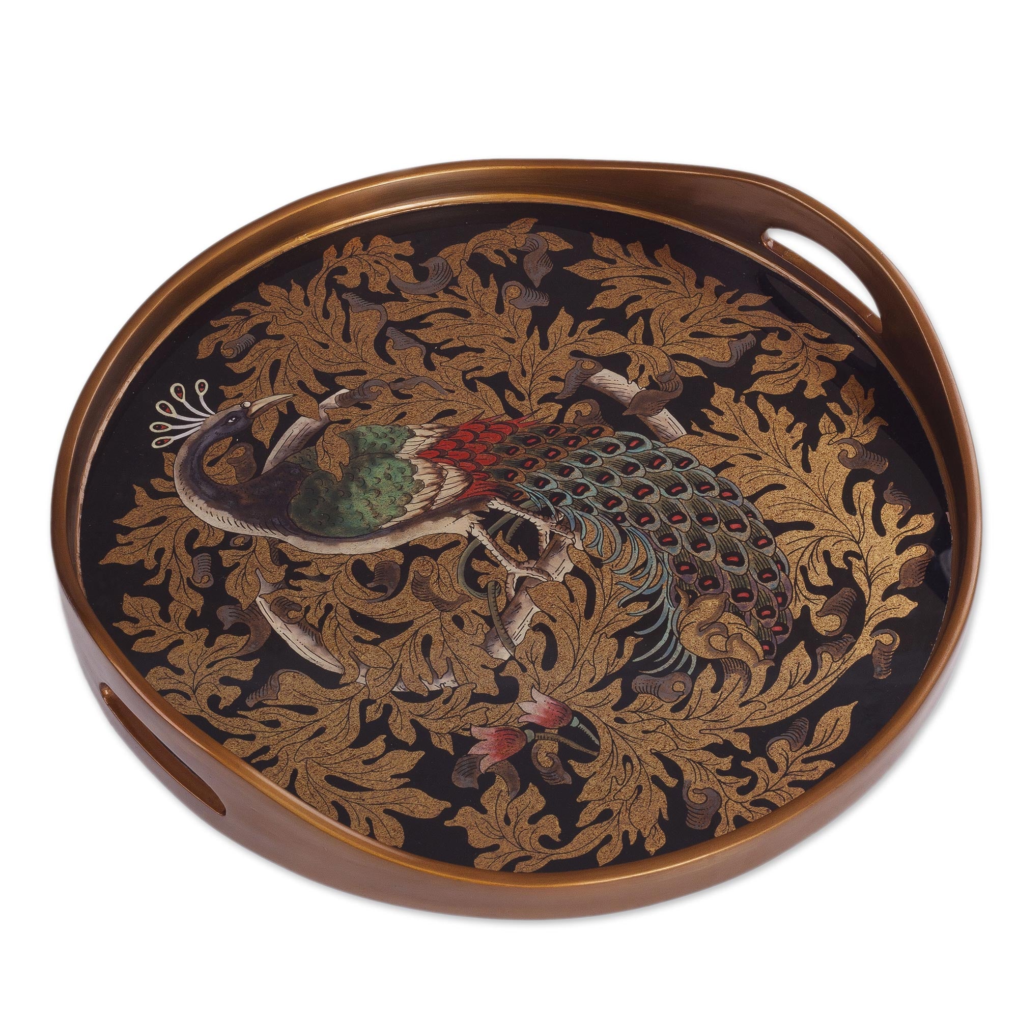 Mystic Peacock Reverse-Painted Glass Peacock Tray From Peru