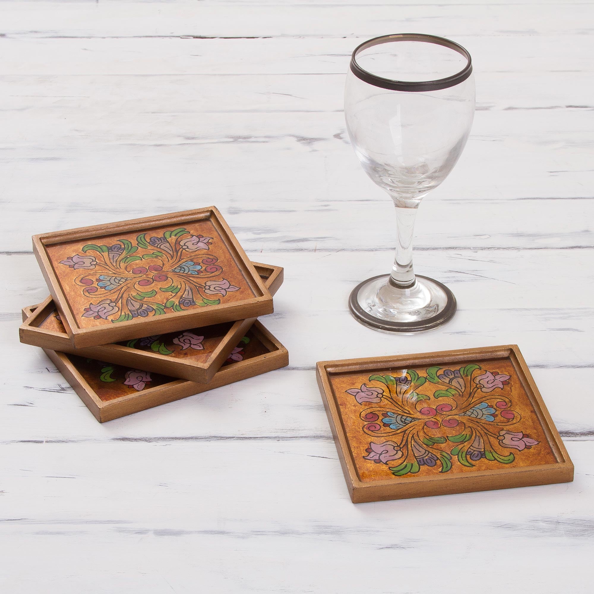 Floral Gold Reverse Painted Glass Floral Coasters (Set Of 4) From Peru