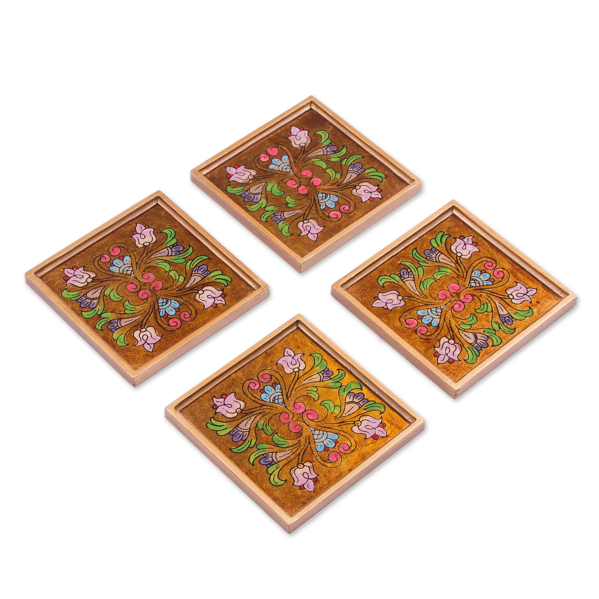 Floral Gold Reverse Painted Glass Floral Coasters (Set Of 4) From Peru