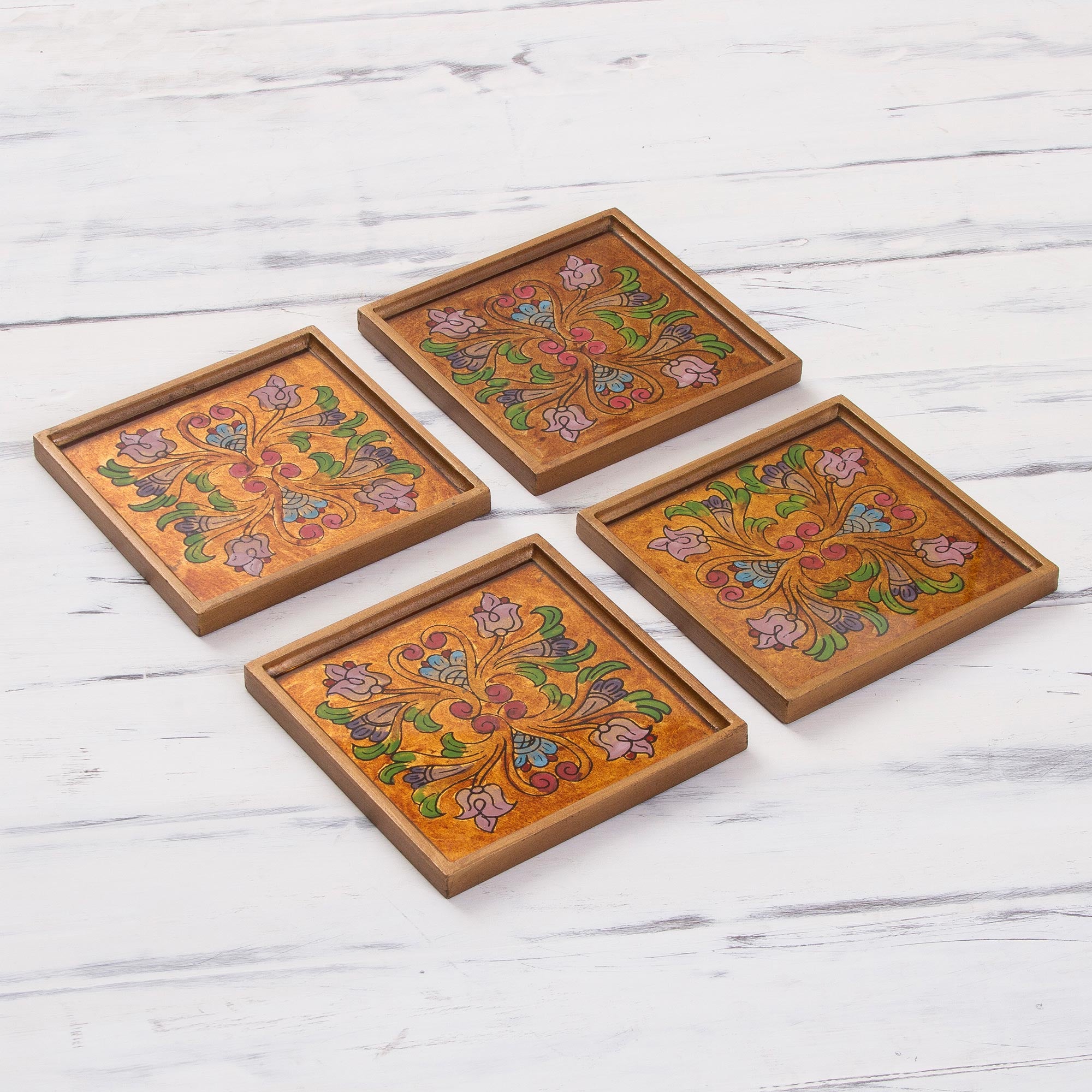 Floral Gold Reverse Painted Glass Floral Coasters (Set Of 4) From Peru