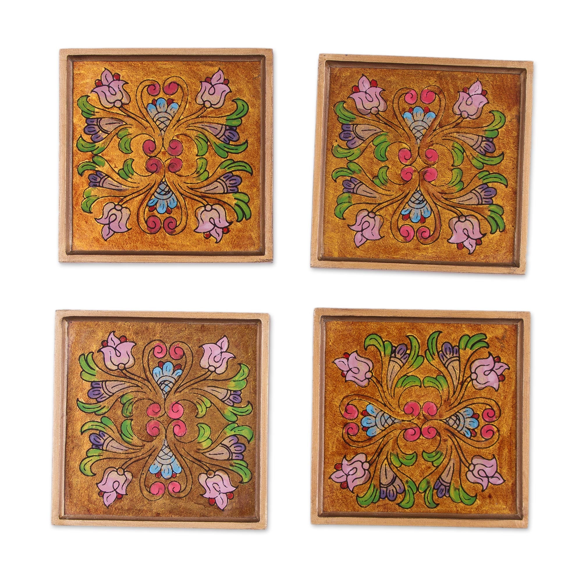 Floral Gold Reverse Painted Glass Floral Coasters (Set Of 4) From Peru