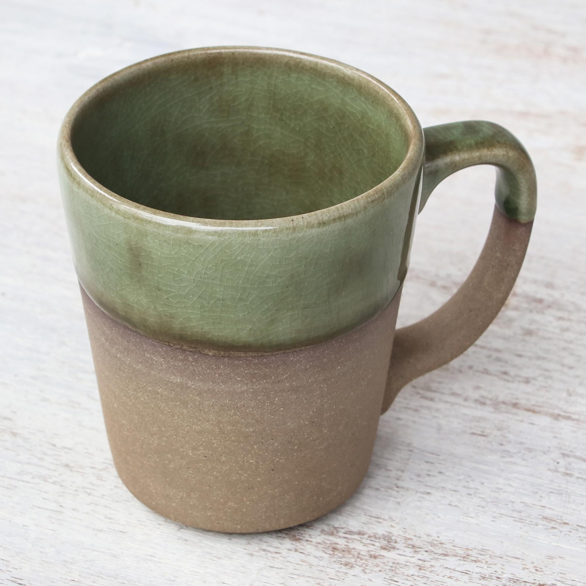 Green Patina Handcrafted Brown And Green Two-Tone Ceramic Mug
