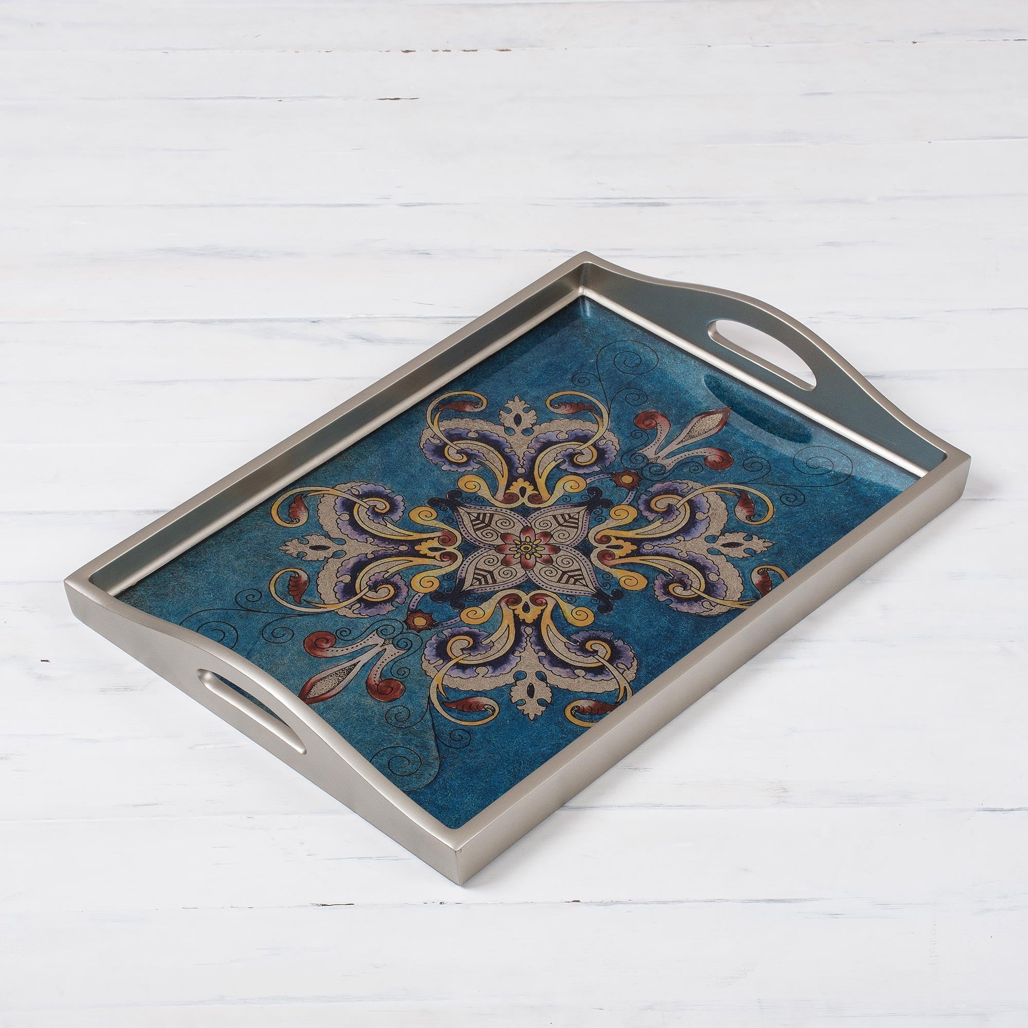 Enchanting Flowers In Blue Floral Reverse-Painted Glass Tray In Blue From Peru