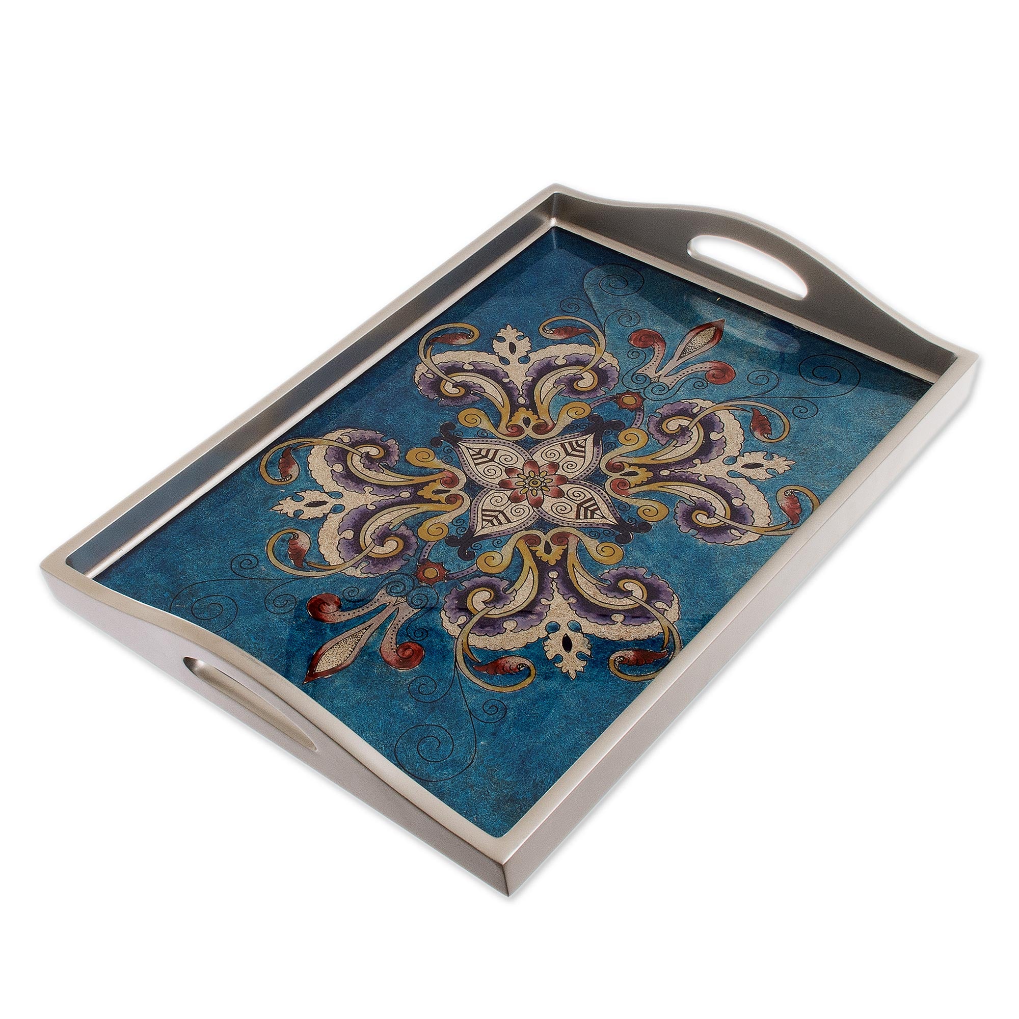 Enchanting Flowers In Blue Floral Reverse-Painted Glass Tray In Blue From Peru