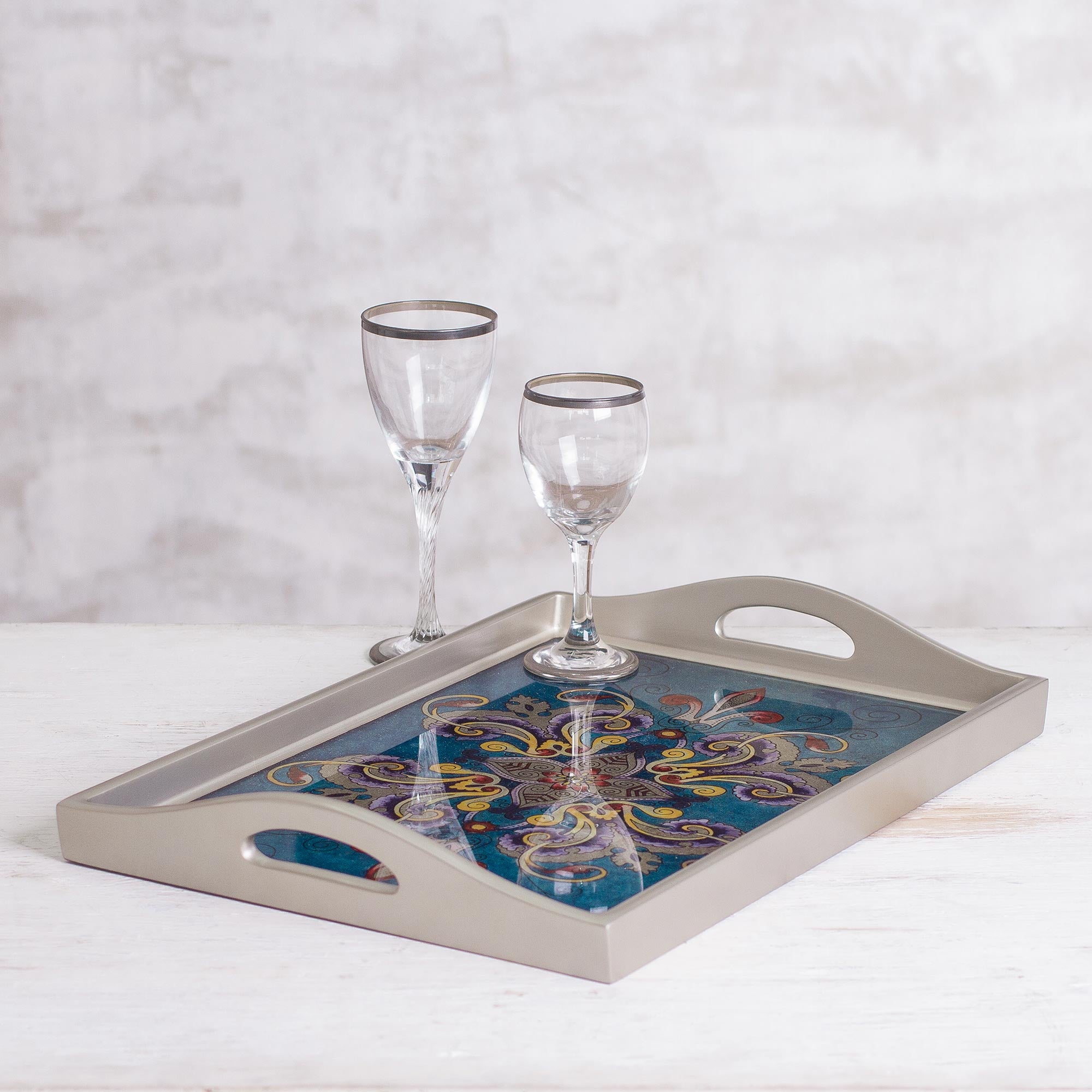 Enchanting Flowers In Blue Floral Reverse-Painted Glass Tray In Blue From Peru