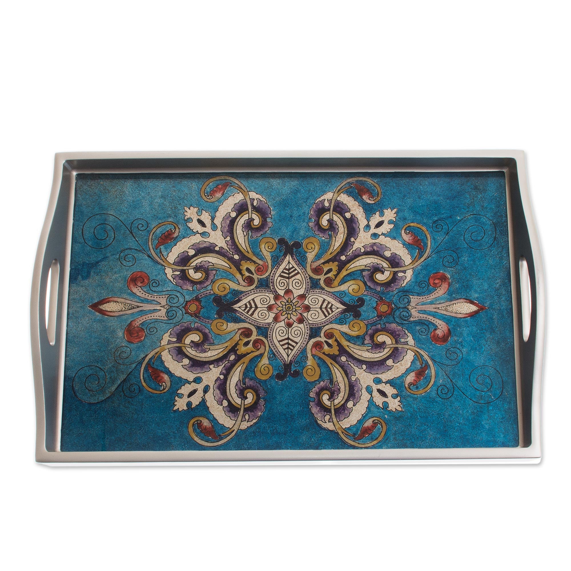 Enchanting Flowers In Blue Floral Reverse-Painted Glass Tray In Blue From Peru