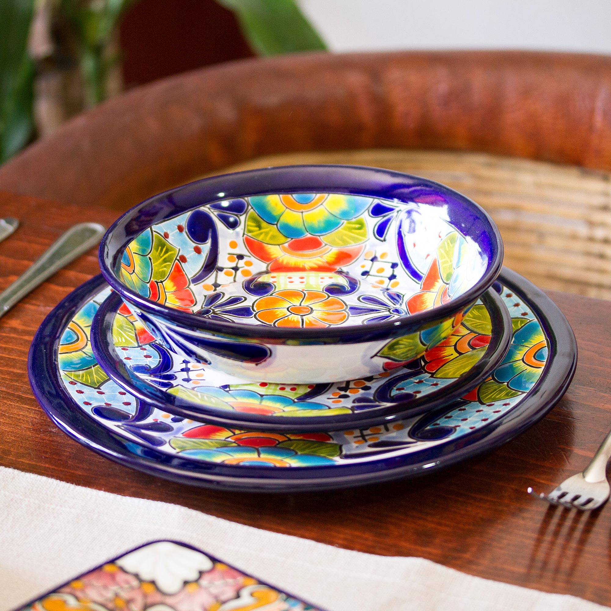 Raining Flowers Talavera Ceramic Dessert Plates From Mexico (Pair)