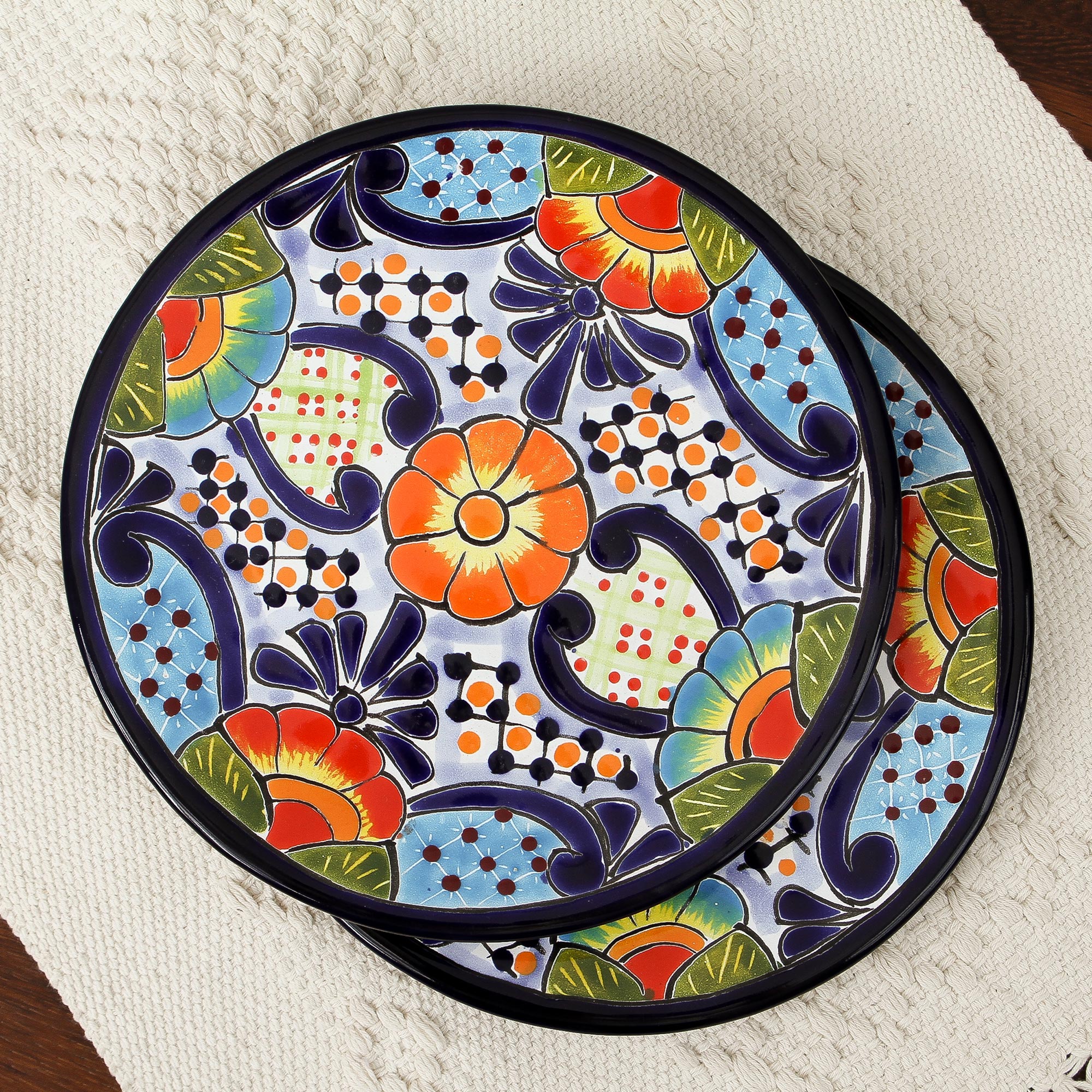 Raining Flowers Talavera Ceramic Dessert Plates From Mexico (Pair)