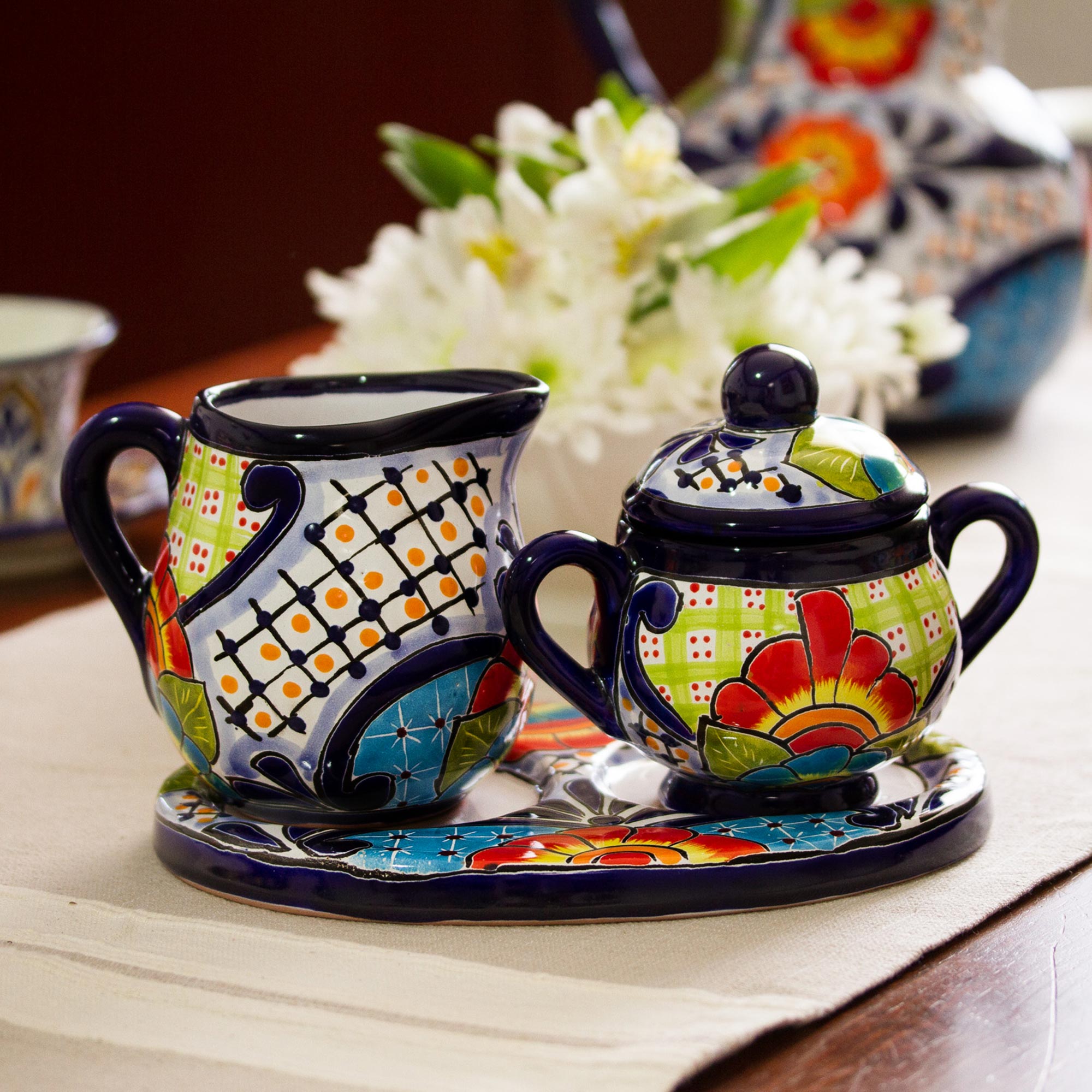 Raining Flowers Talavera Ceramic Creamer And Sugar Bowl Set (3 Pieces)