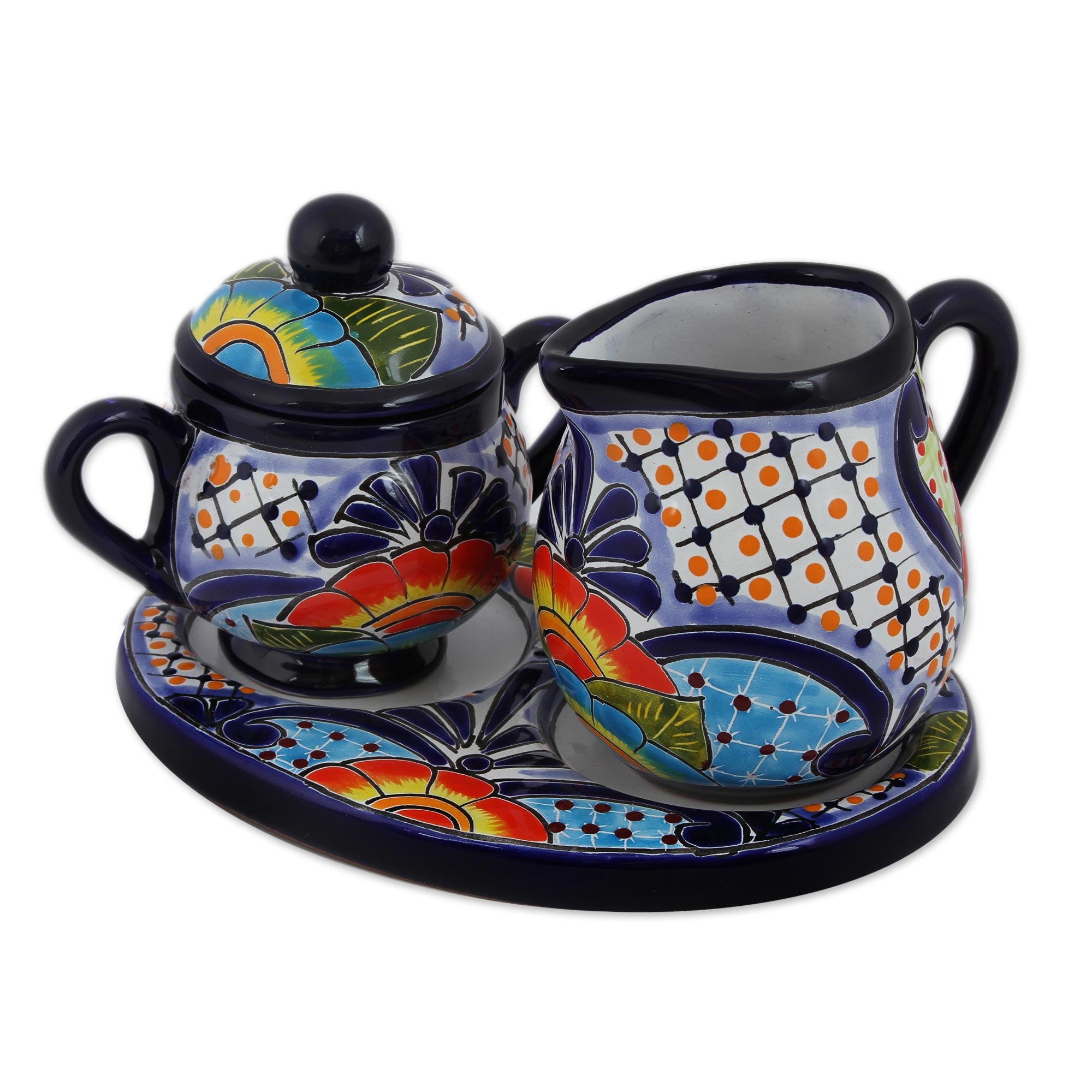 Raining Flowers Talavera Ceramic Creamer And Sugar Bowl Set (3 Pieces)