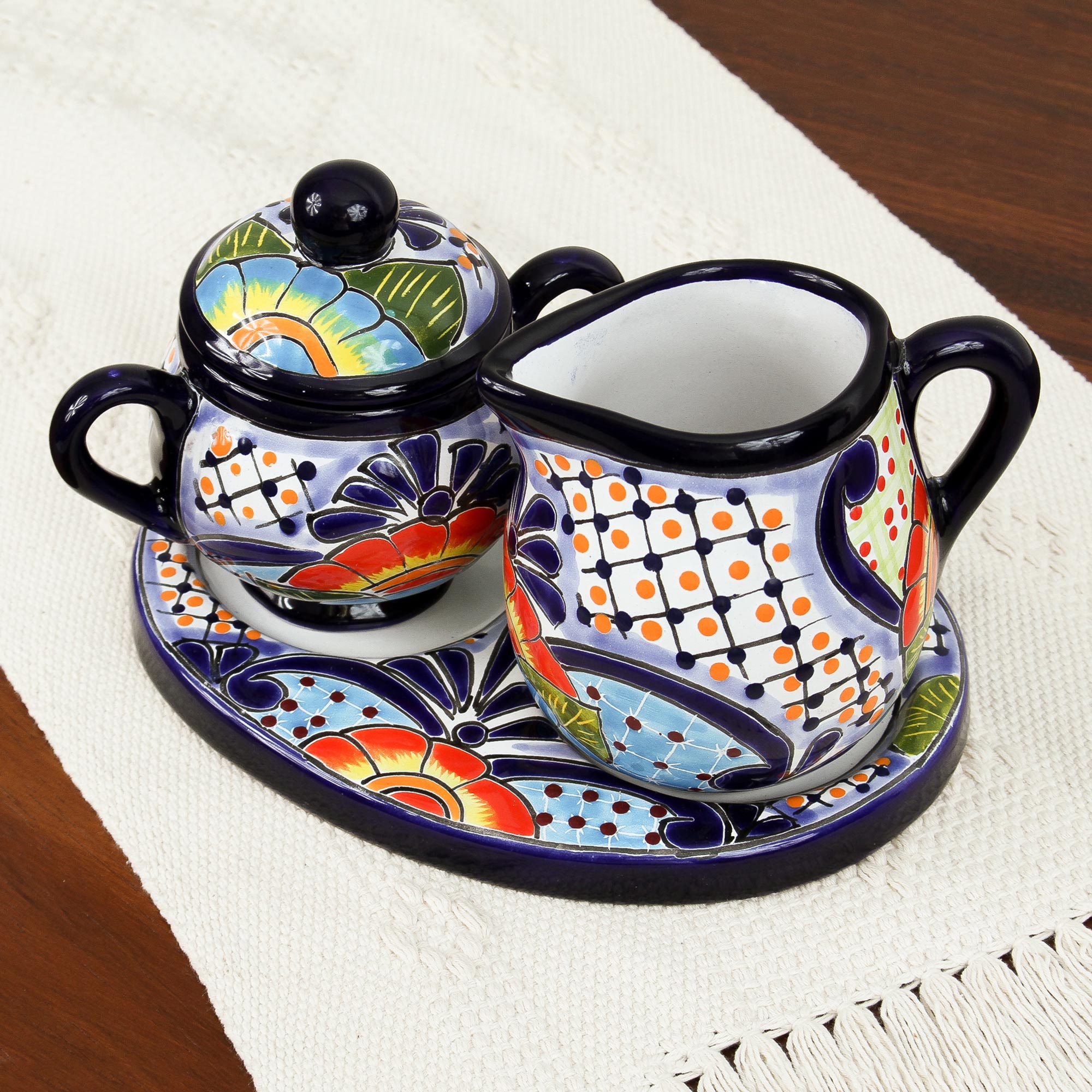 Raining Flowers Talavera Ceramic Creamer And Sugar Bowl Set (3 Pieces)