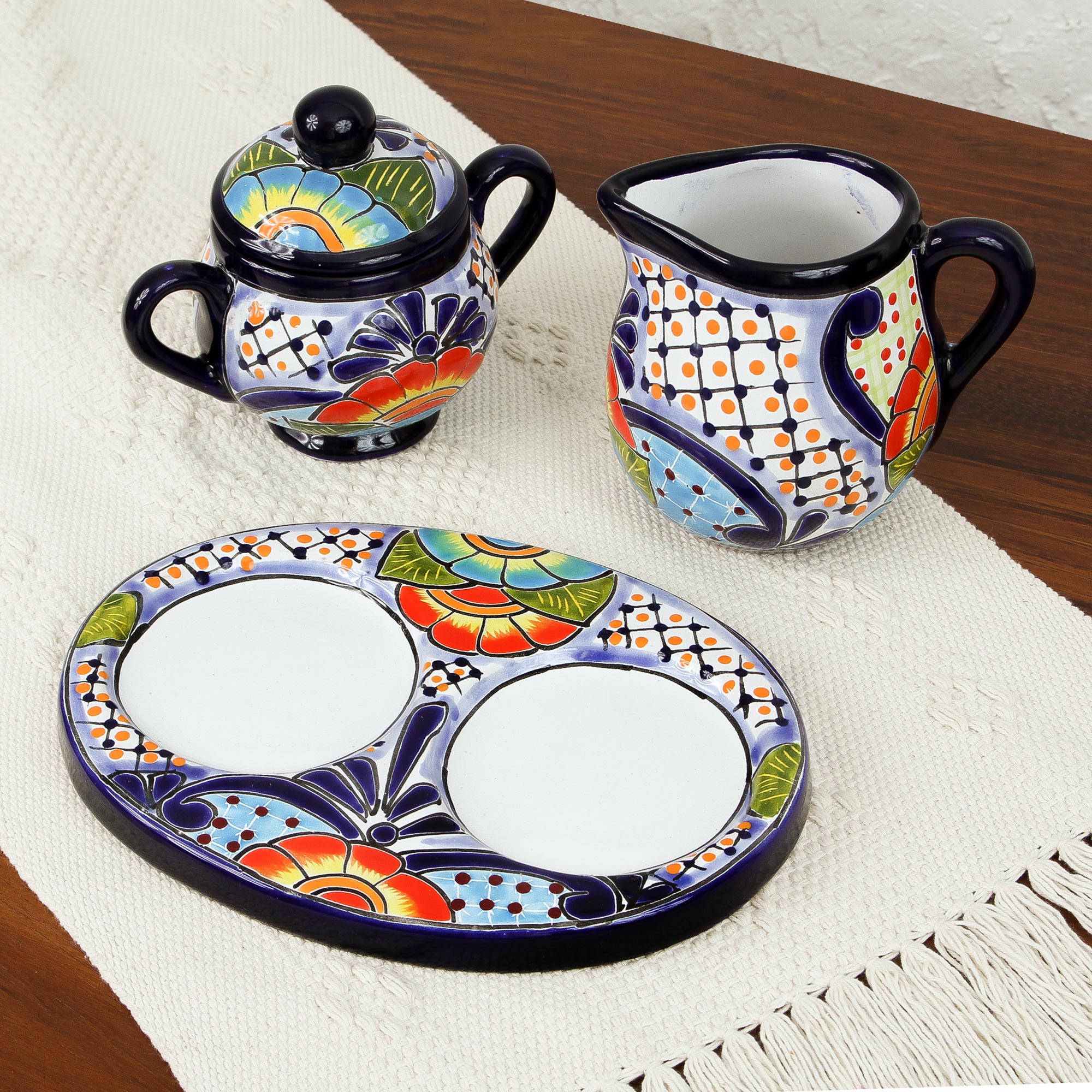 Raining Flowers Talavera Ceramic Creamer And Sugar Bowl Set (3 Pieces)